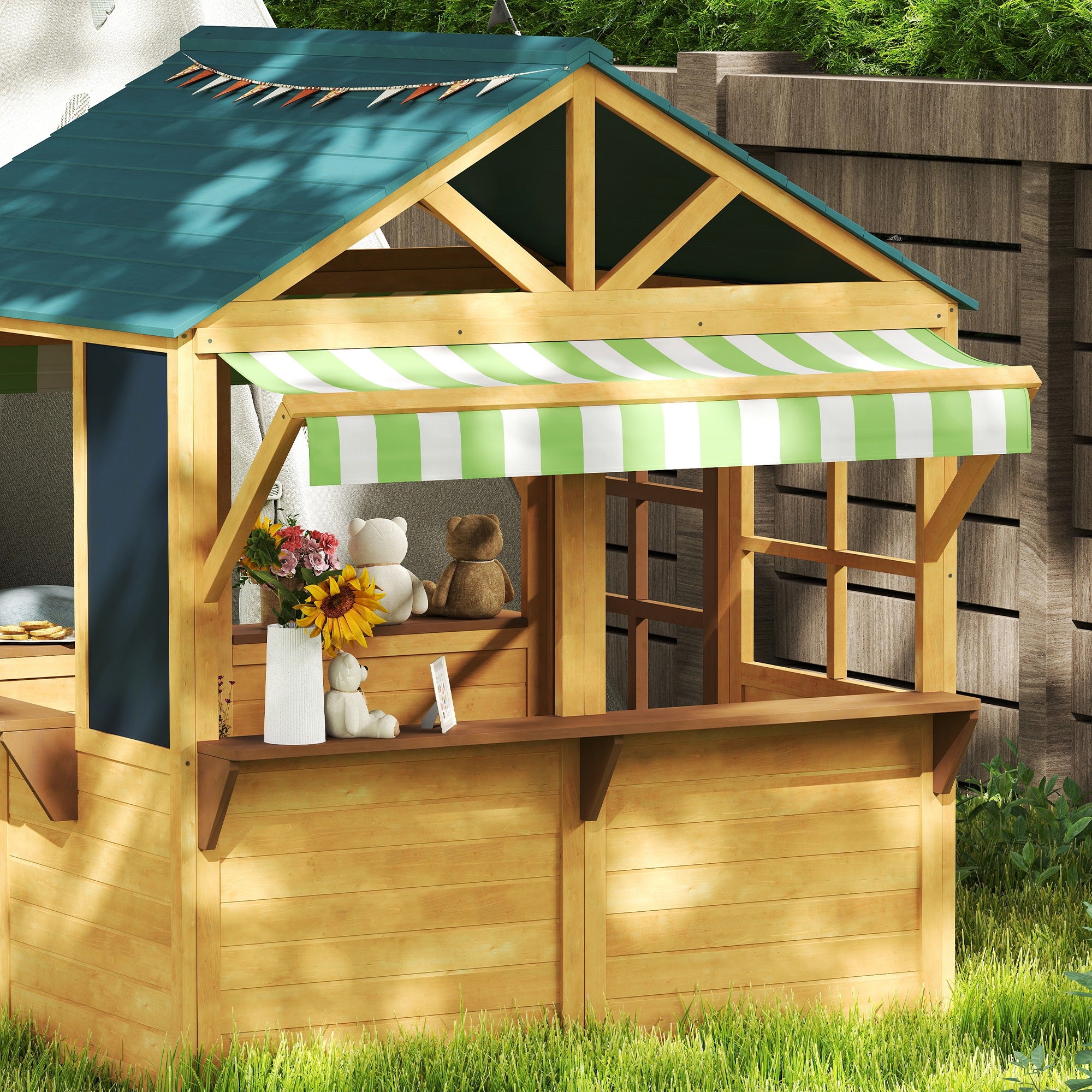 AIYAPLAY Wooden Playhouse for Kids, Foldable Wendy House with Windows, Working Door, Service Stations, Rain Covers, Brown - North Peak Garden Furniture