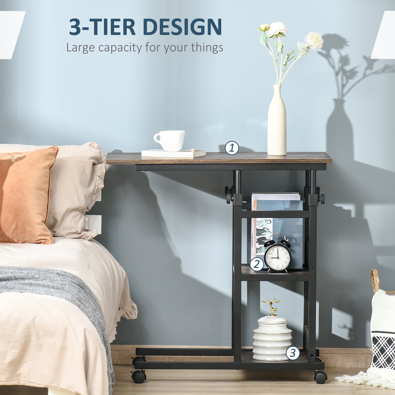 HOMCOM C-Shaped Side Table Industrial Mobile Rolling End Desk with 3-Tier Storage Shelving, Adjustable Height, Wheels - North Peak Garden Furniture