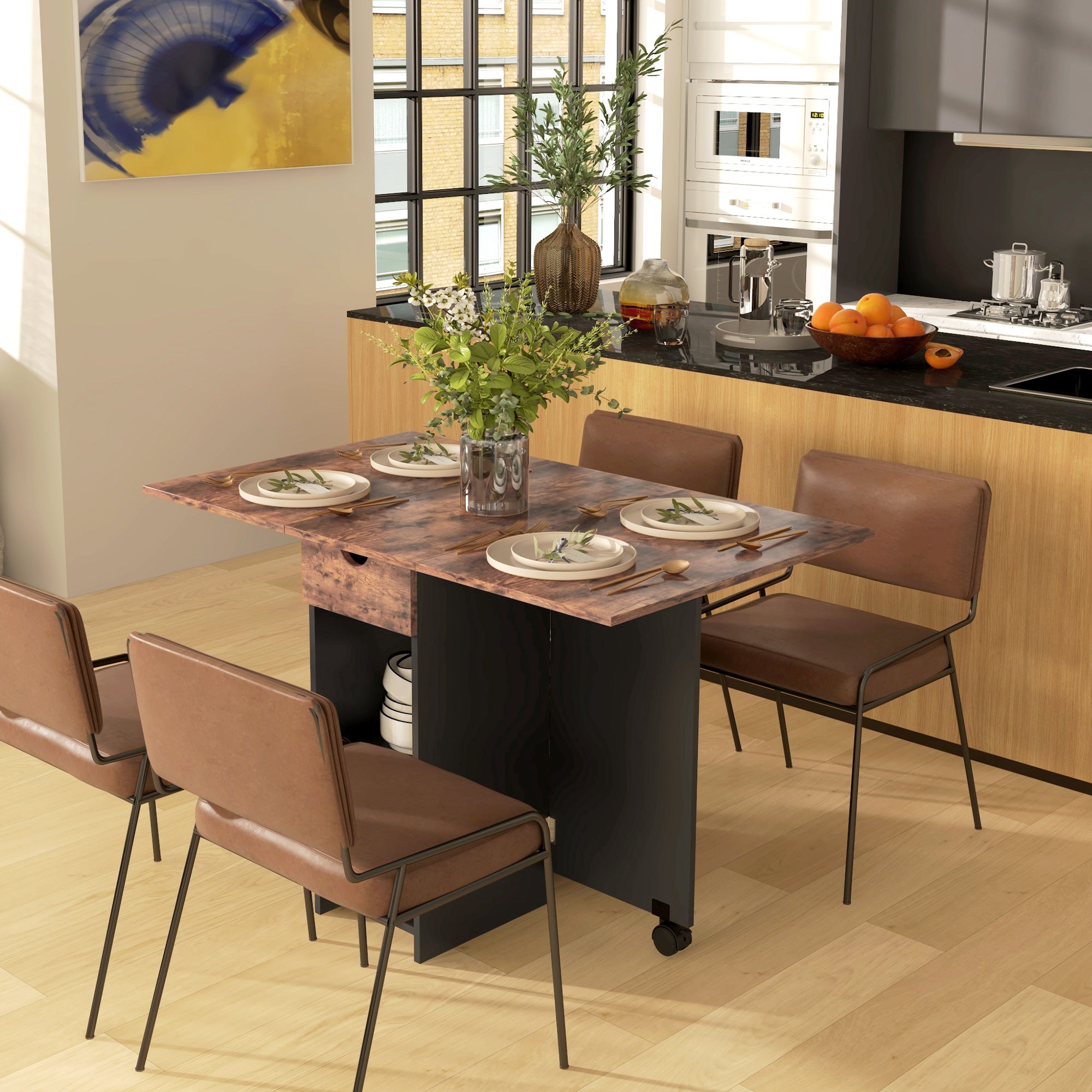 HOMCOM Folding Dining Table, Drop Leaf Table for Small Spaces, Foldable Table with Drawer and Storage Shelves for Kitchen, Dining Room, Rustic Brown - North Peak Garden Furniture