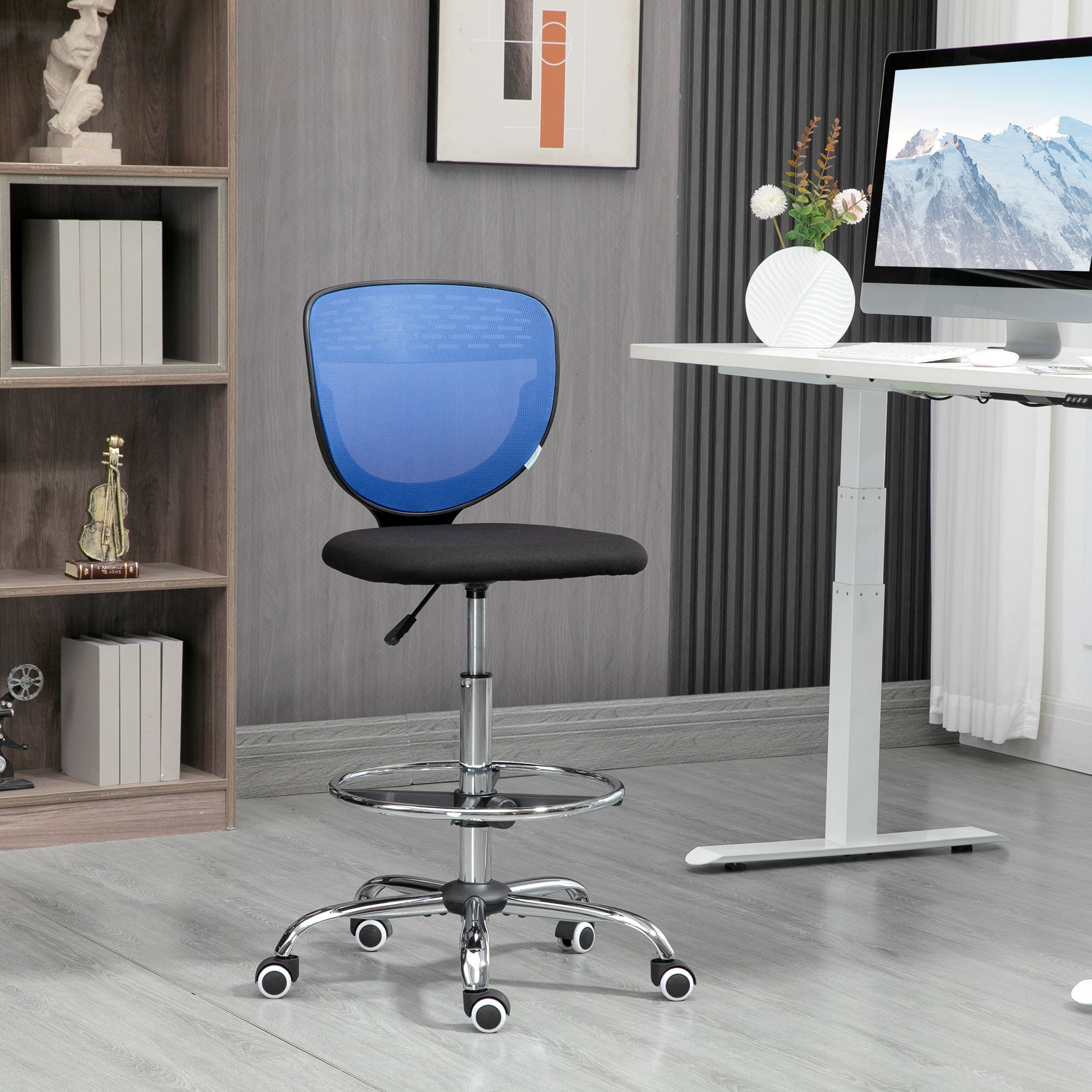 Vinsetto Drafting Chair, Swivel Office Draughtsman Chair, Mesh Standing Desk Chair with Lumbar Support, Adjustable Foot Ring, Armless, Dark Blue - North Peak Garden Furniture