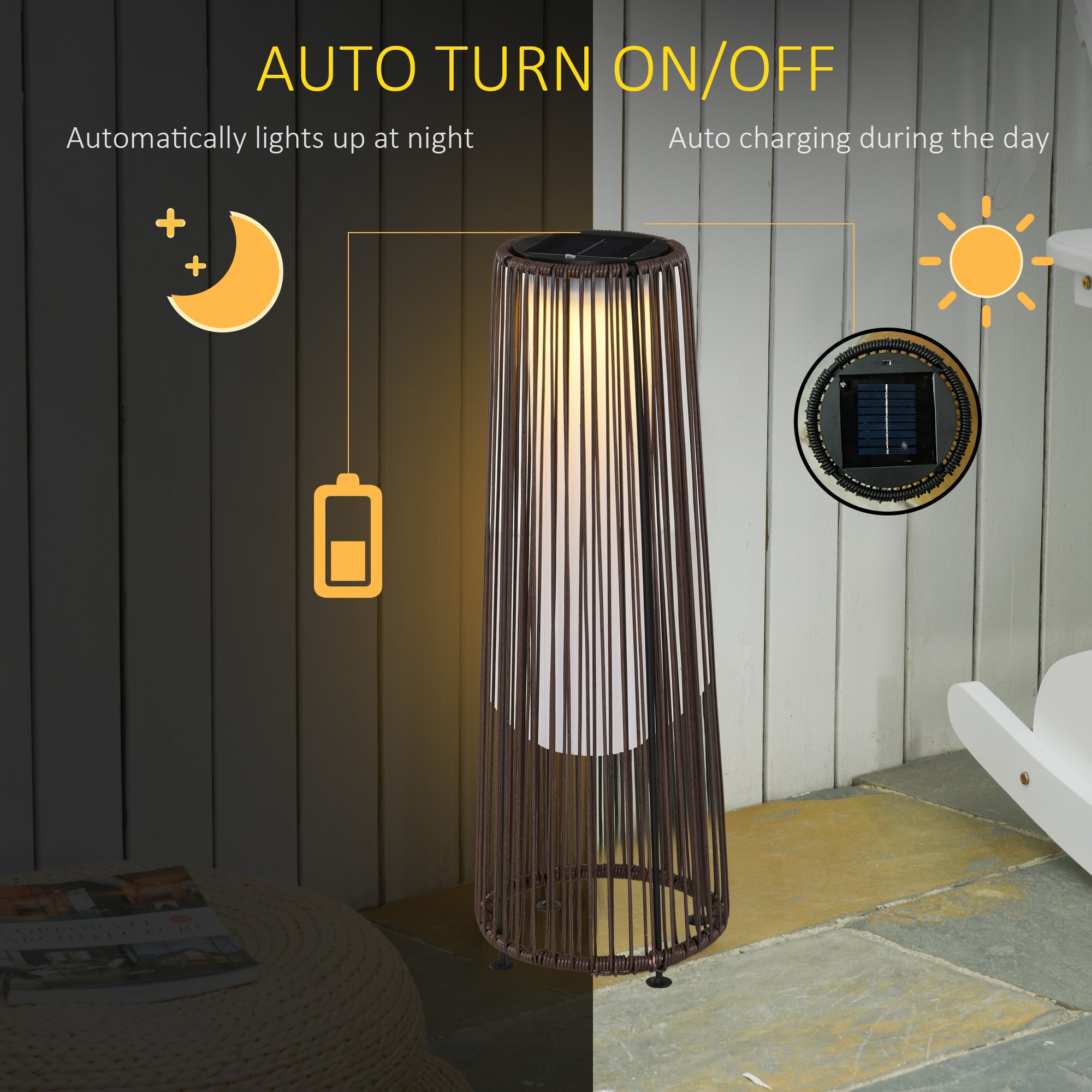 Outsunny Patio Garden PE Rattan Solar Lights Woven Resin Wicker Lantern Auto On/Off Solar Powered Lights for Porch, Yard, Lawn, Courtyard, Indoor & Outdoor Brown - North Peak Garden Furniture