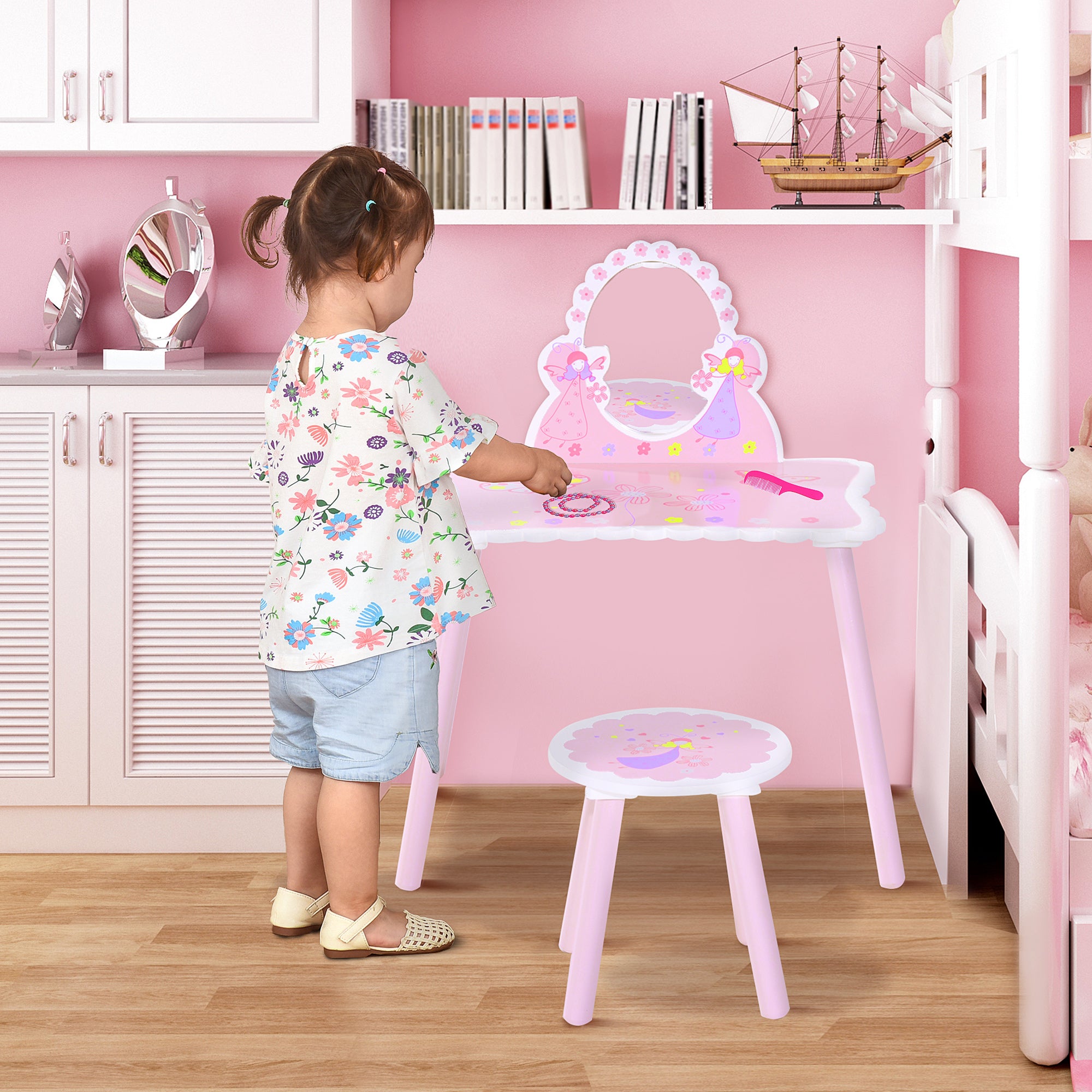 HOMCOM Kids Dressing Table Girls Pink Wooden Kids Dressing Table & Stool Make Up Desk Chair Toys Fairy Dresser Play Set w/Mirror