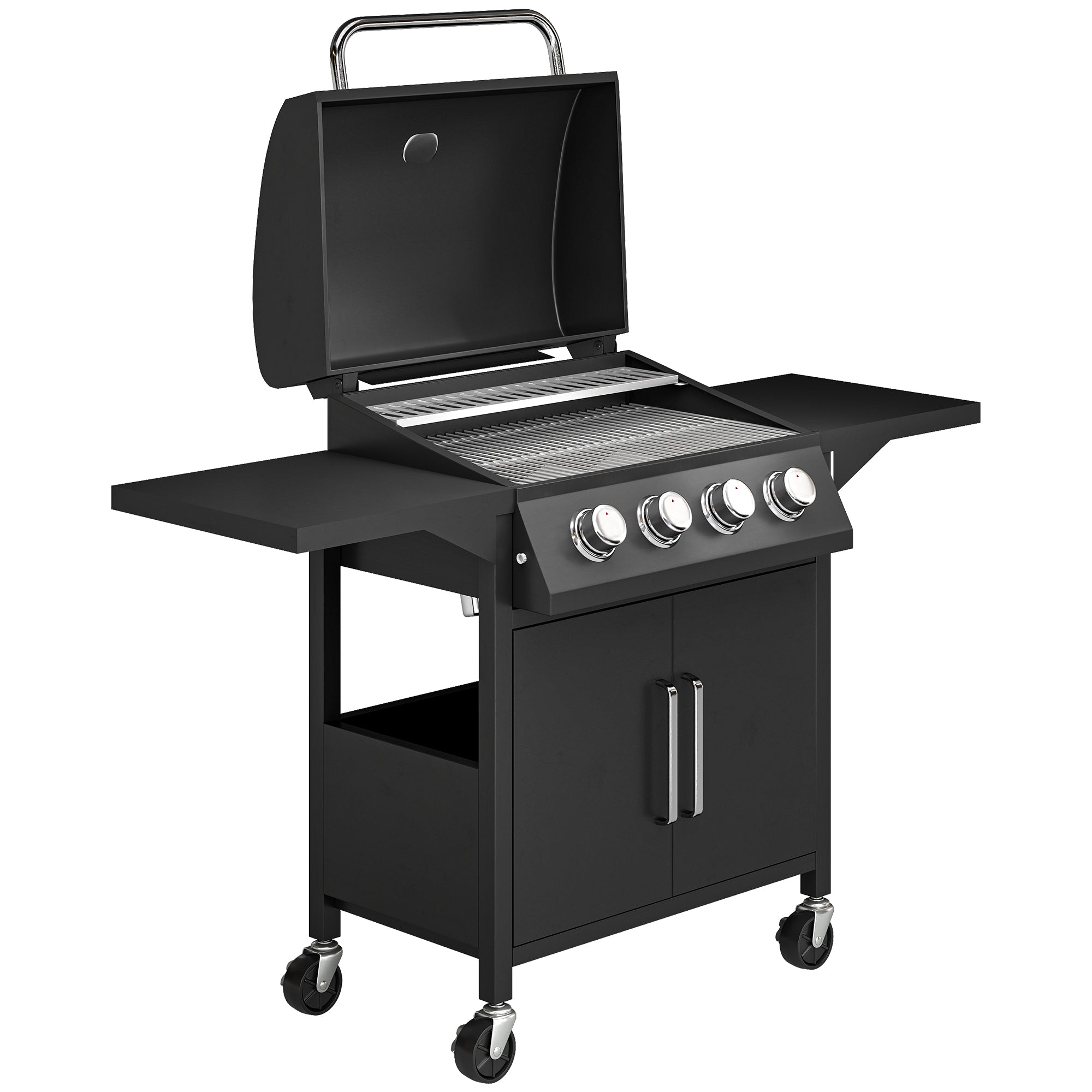 Outsunny 4 Burner Gas BBQ Grill Outdoor Portable Barbecue Trolley w/ Warming Rack, Side Shelves, Storage Cabinet, Thermometer