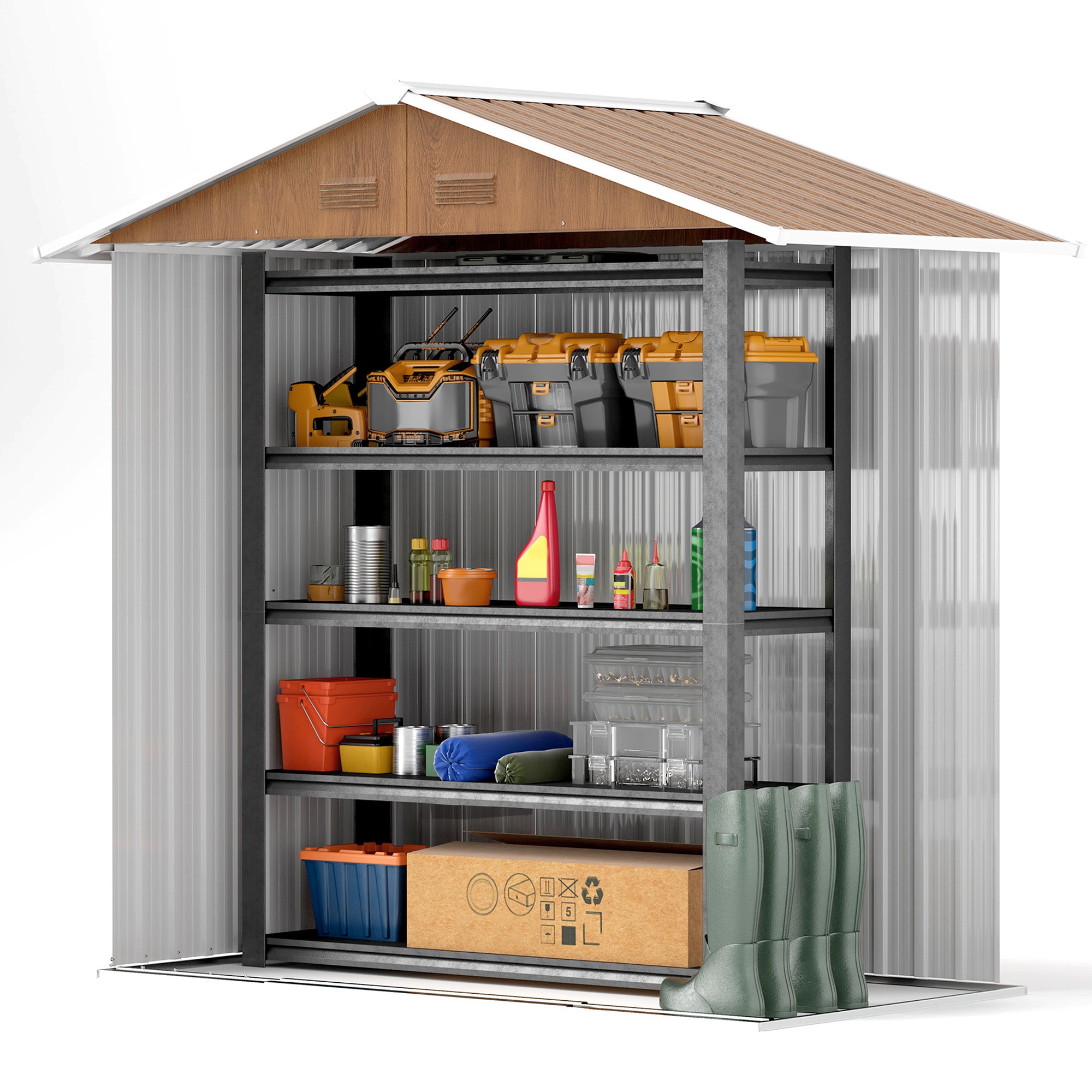 Outsunny 6.5 x 3.5ft Metal Garden Storage Shed - Brown Wood Effect - North Peak Garden Furniture