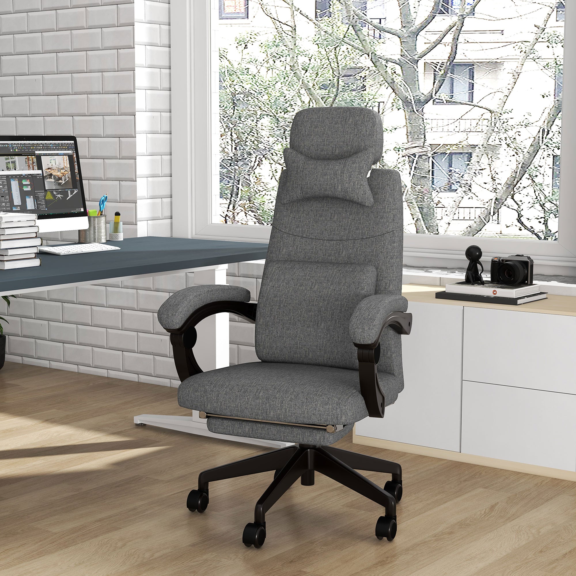 Vinsetto Linen-Look Office Chair, with 160° Reclining Back and Footrest - Grey - North Peak Garden Furniture