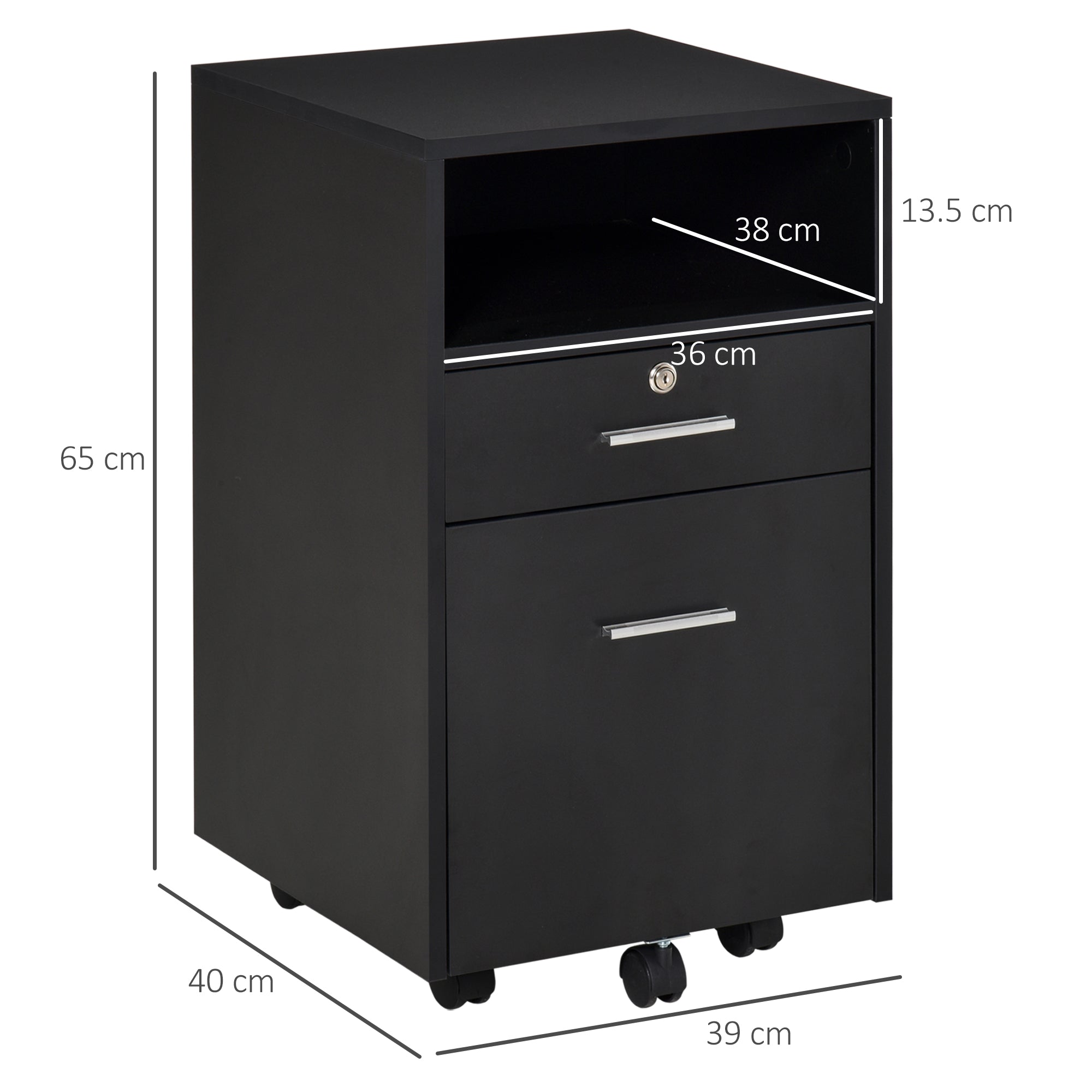 Vinsetto Lockable Two-Drawer Filing Cabinet, with Wheels - Black - North Peak Garden Furniture