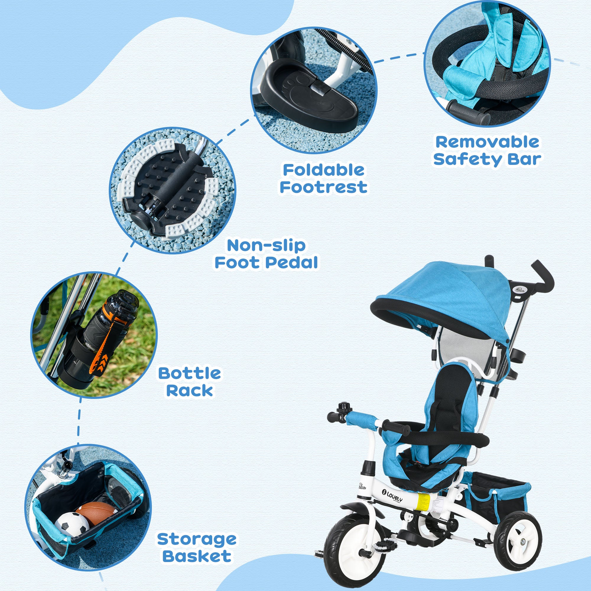 HOMCOM 6 in 1 Kids Trike Push Bike w/ Push Handle, Canopy, 5-point Safety Belt, Storage, Footrest, Brake, for 1-5 Years, Blue - North Peak Garden Furniture