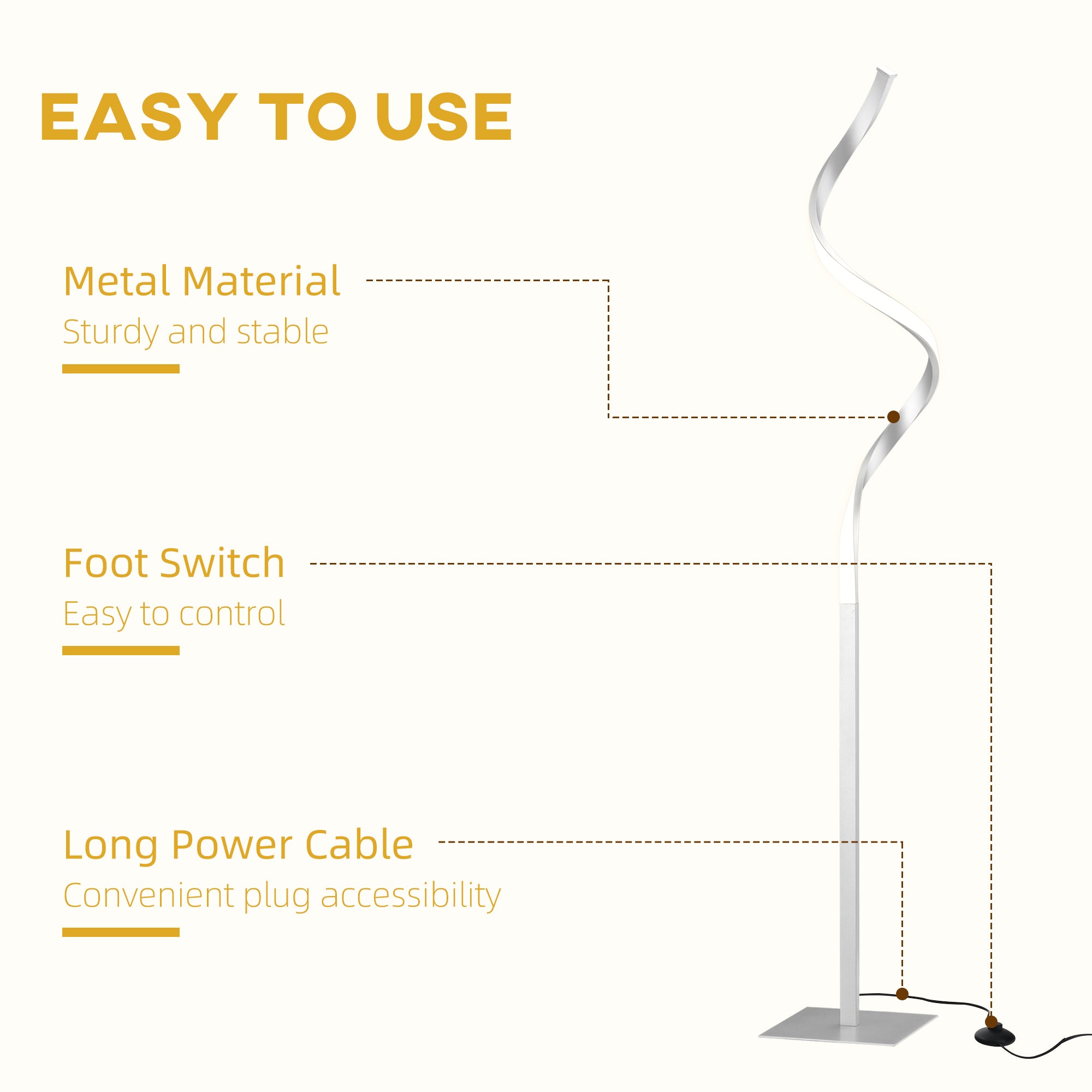 HOMCOM Dimmable Floor Lamp for Living Room, Modern Spiral Standing Lamp with 3 Adjustable Brightness and Square Base, Silver - North Peak Garden Furniture