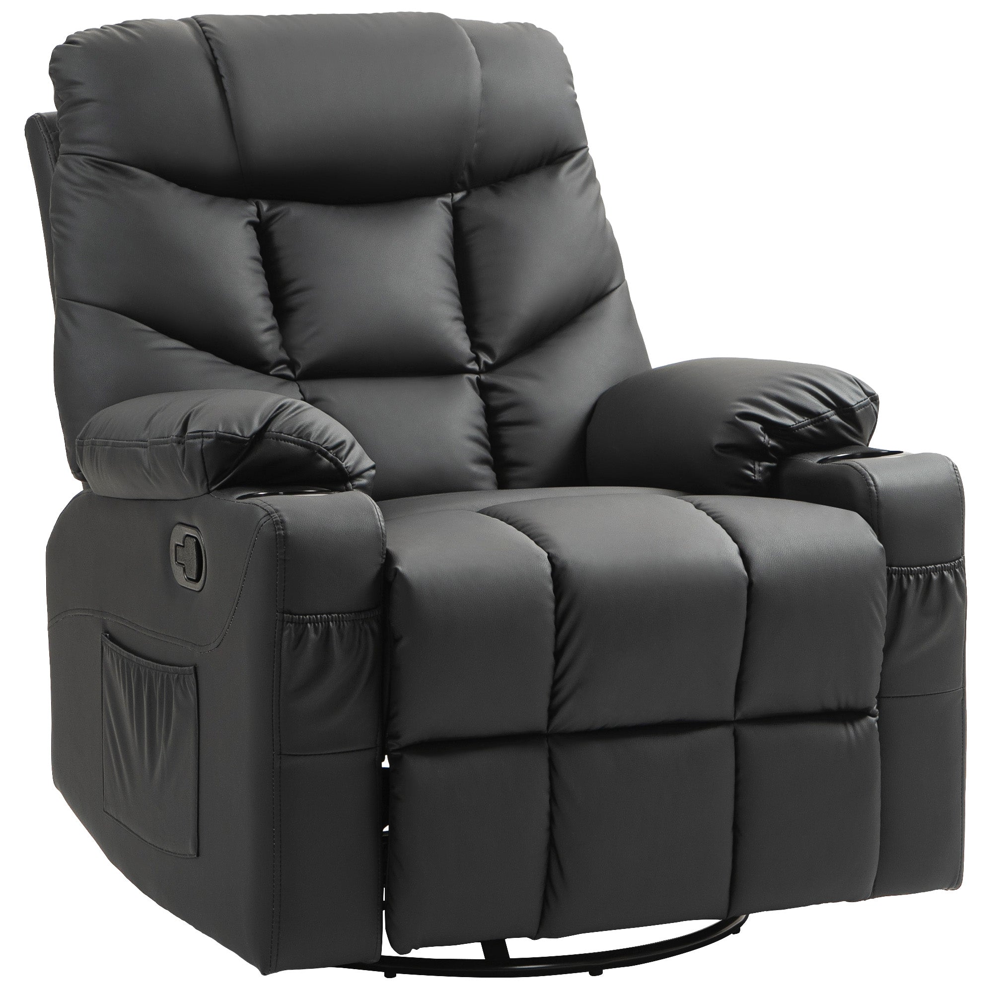 HOMCOM Manual Reclining Chair, Recliner Armchair with Swivel, Faux Leather, Footrest, Cup Holders, 86x93x102cm, Black - North Peak Garden Furniture