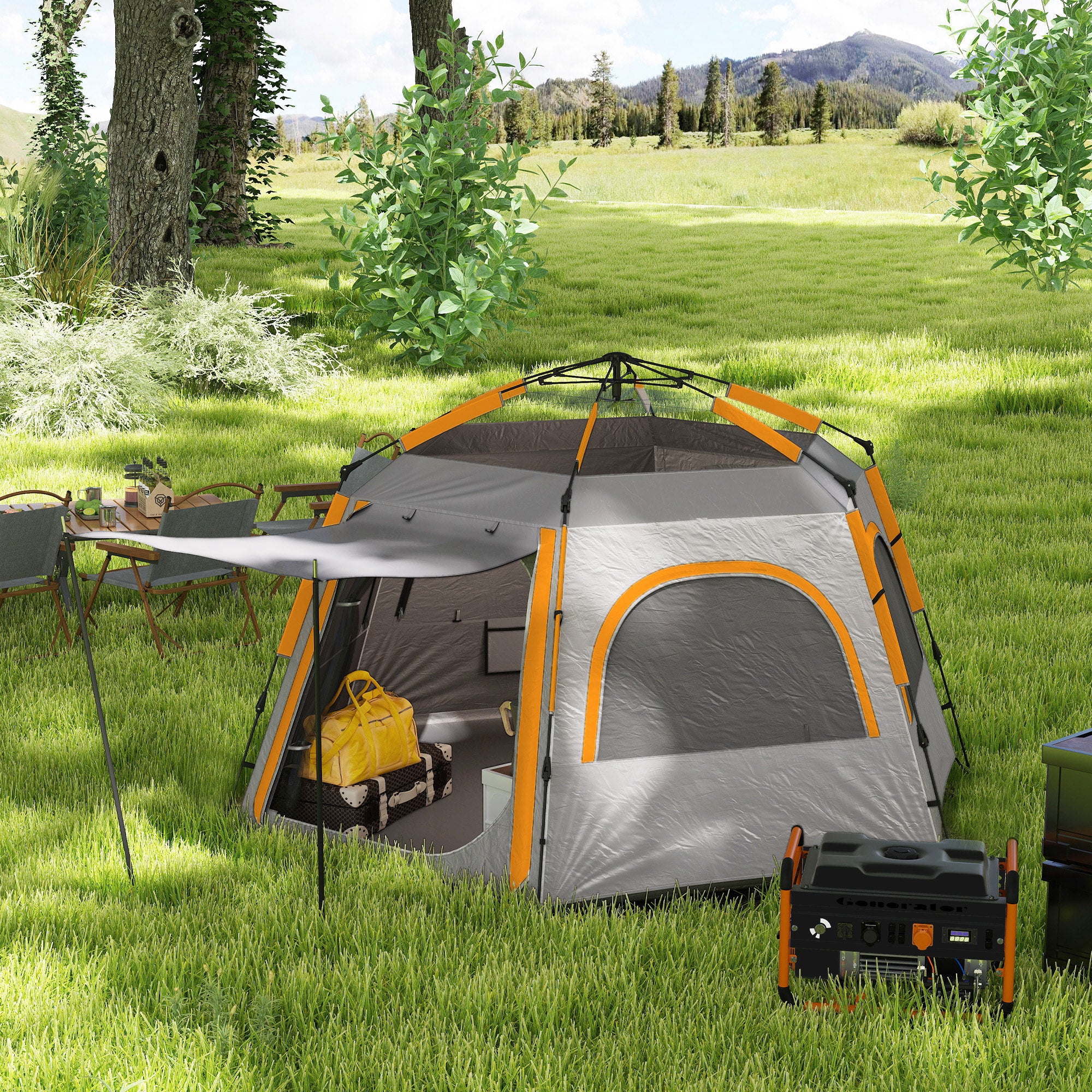 Outsunny Instant Camping Tent, 2/3/4 Person Easy Setup Family Tent with Vestibule, Rainfly, 4 Mesh Windows & 2 Doors, Hexagonal Design, Waterproof UV Protected Dome Tent, Light Grey - North Peak Garden Furniture