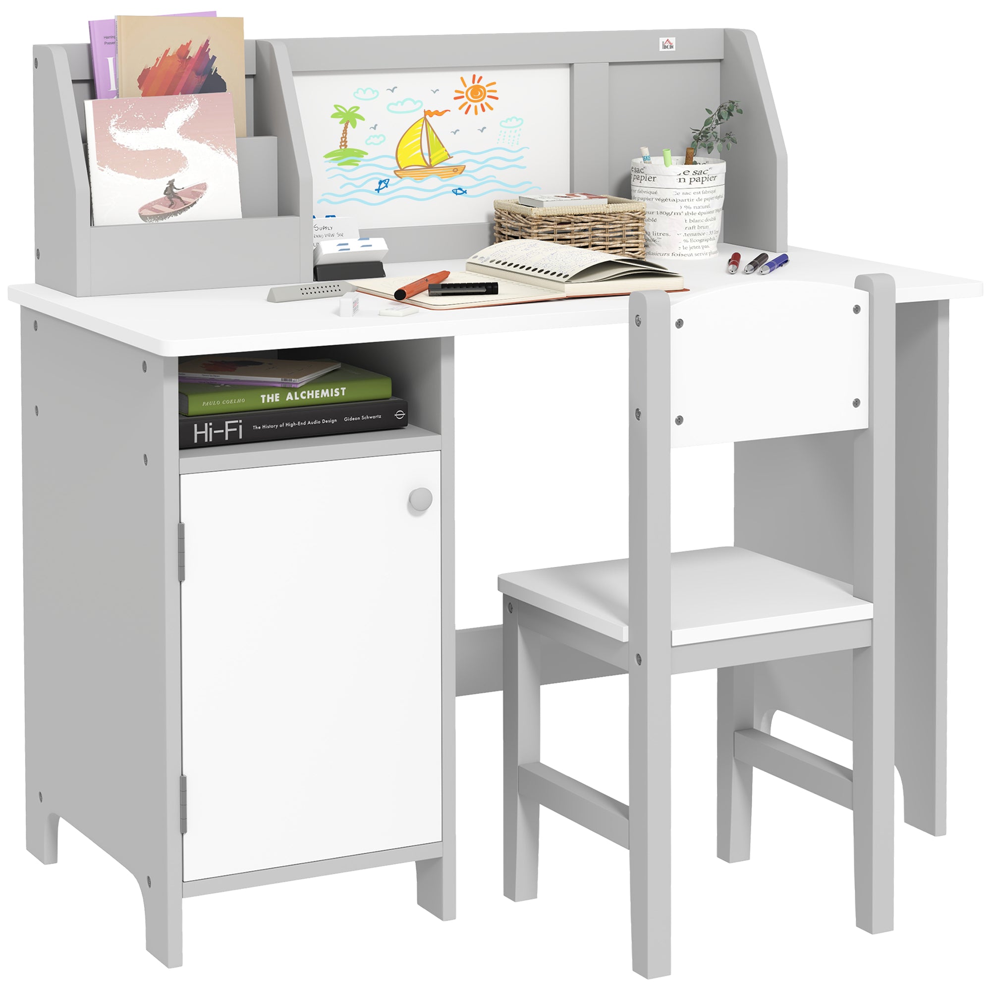 HOMCOM Kids Table and Chair Set w/ Whiteboard - Grey - North Peak Garden Furniture