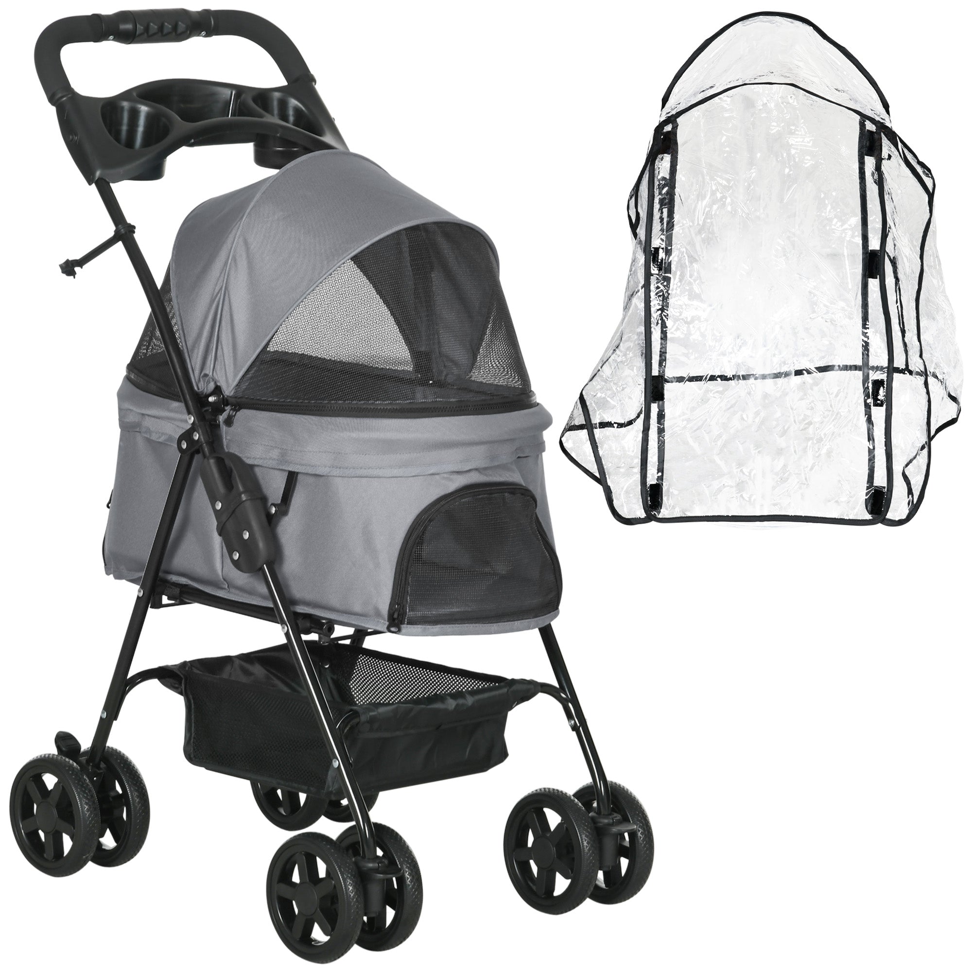 PawHut Dog Stroller with Rain Cover, Dog Pushchair One-Click Fold Trolley Jogger with EVA Wheels Brake Basket Adjustable Canopy Safety Leash for Small Dogs, Grey - North Peak Garden Furniture