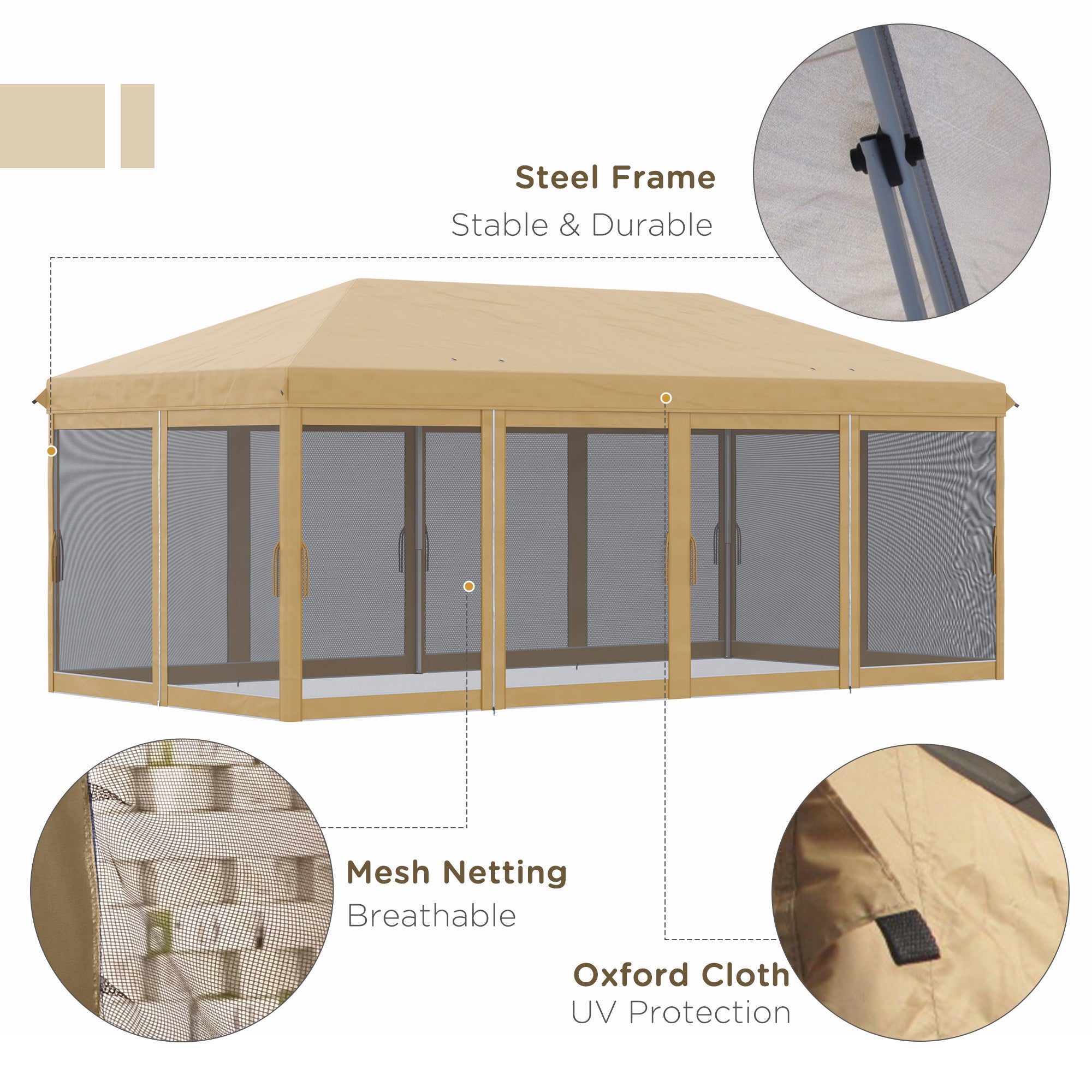 Outsunny 3 x 6m Pop Up Gazebo, Outdoor Canopy Shelter, Marquee Party Wedding Tent with 6 Mesh Walls and Carry Bag, Beige - North Peak Garden Furniture