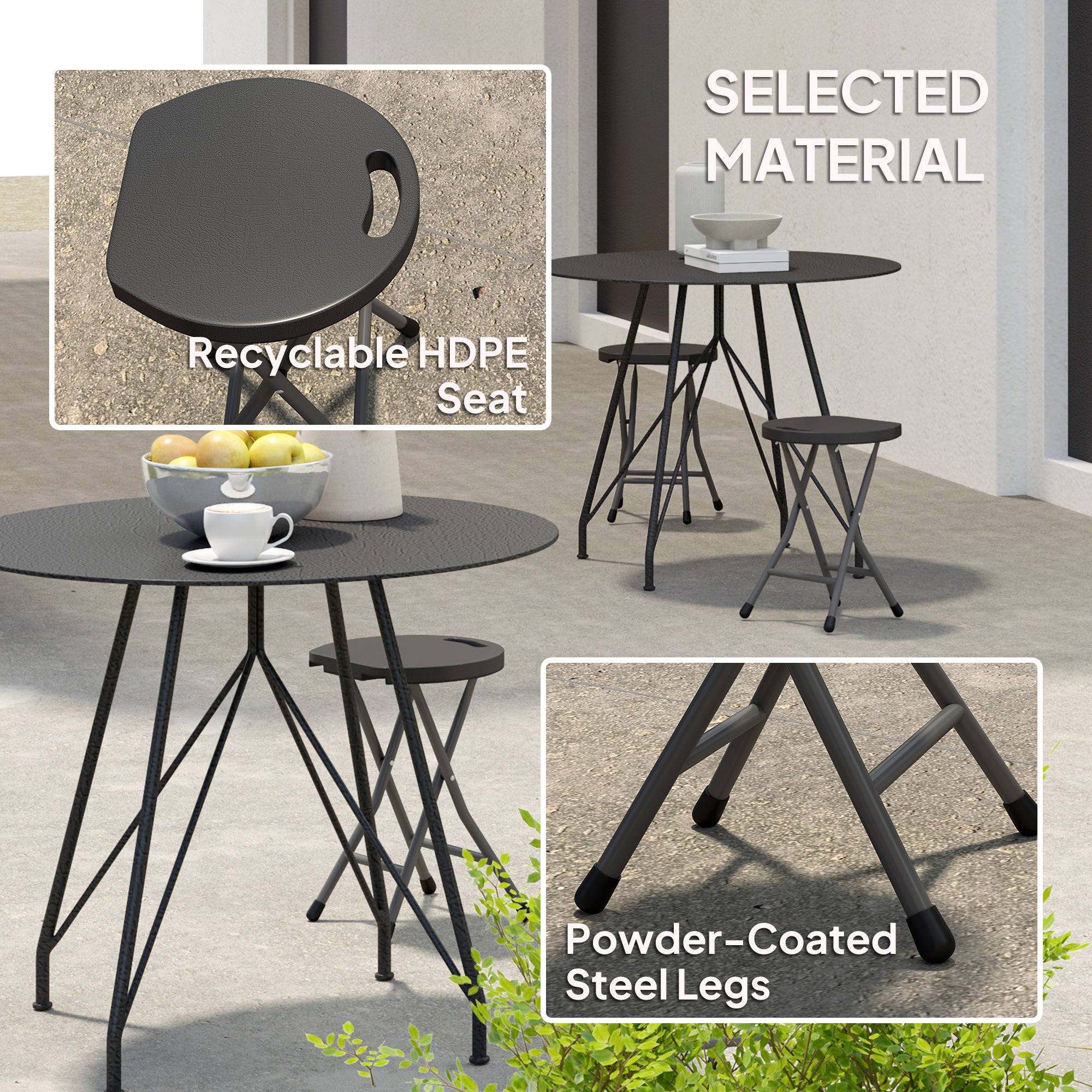 Outsunny Folding Stool Set of 4, Decorative Garden Stool Set with Safety Latch, Foldable Garden Stools with Powder-Coated Steel Legs HDPE Seat and Handle for Indoor and Outdoor, Charcoal Grey - North Peak Garden Furniture