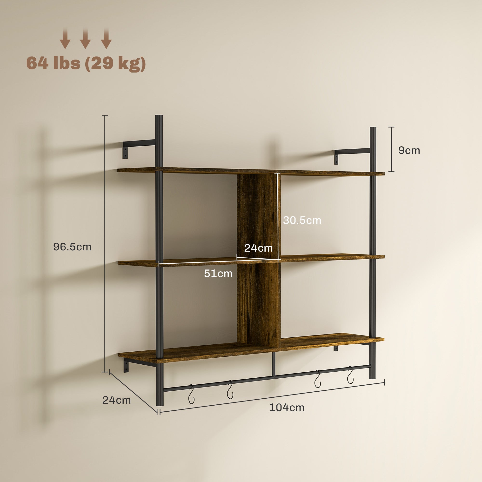 HOMCOM Three-Tier Floating Shelf - Brown/Black - North Peak Garden Furniture
