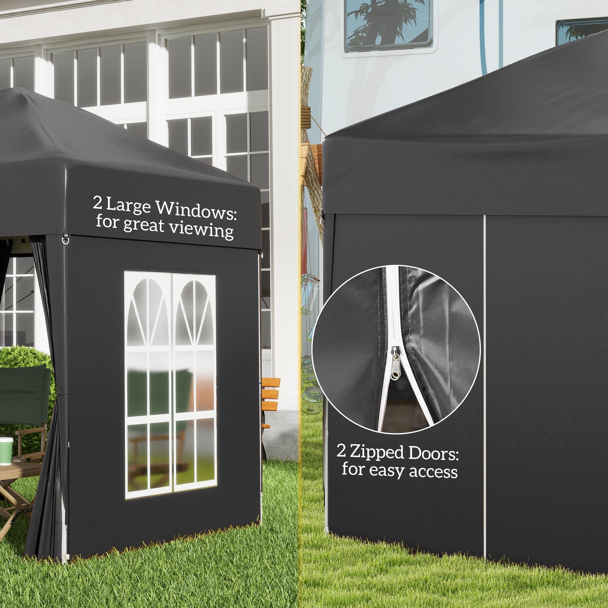 Outsunny 2 x 2 m Garden Pop Up Gazebo, Wedding Party Tent Marquee, Water Resistant Awning Canopy with Sidewalls, Windows, Carry Bag, Black - North Peak Garden Furniture
