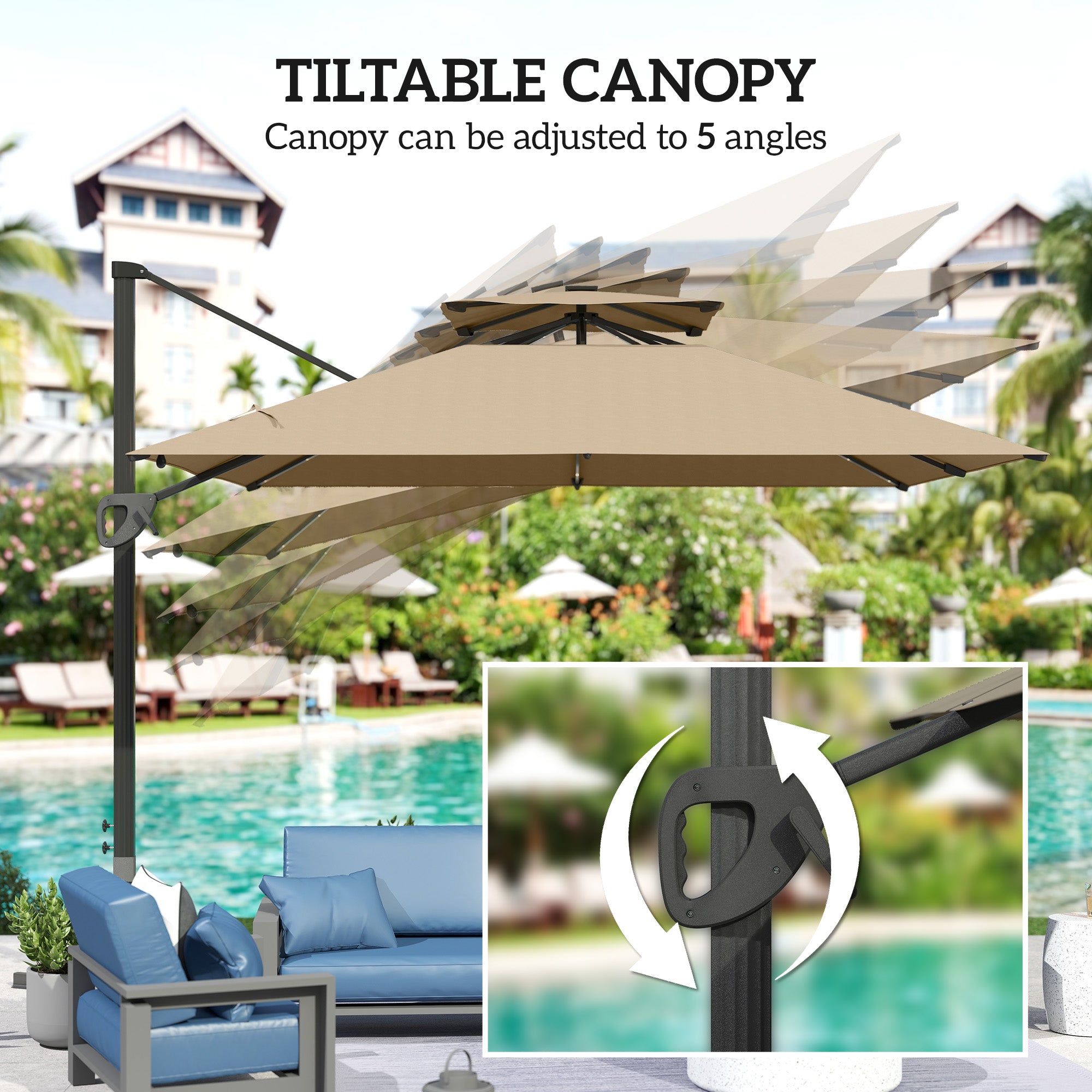 Outsunny 3.5x3 m Garden Cantilever Parasol with Solar LED Lights and Centre Light, Aluminium Large Square Patio Umbrella, UPF50+ Hanging Sun Shade with Cross Base, Crank Handle and Tilt, Khaki - North Peak Garden Furniture