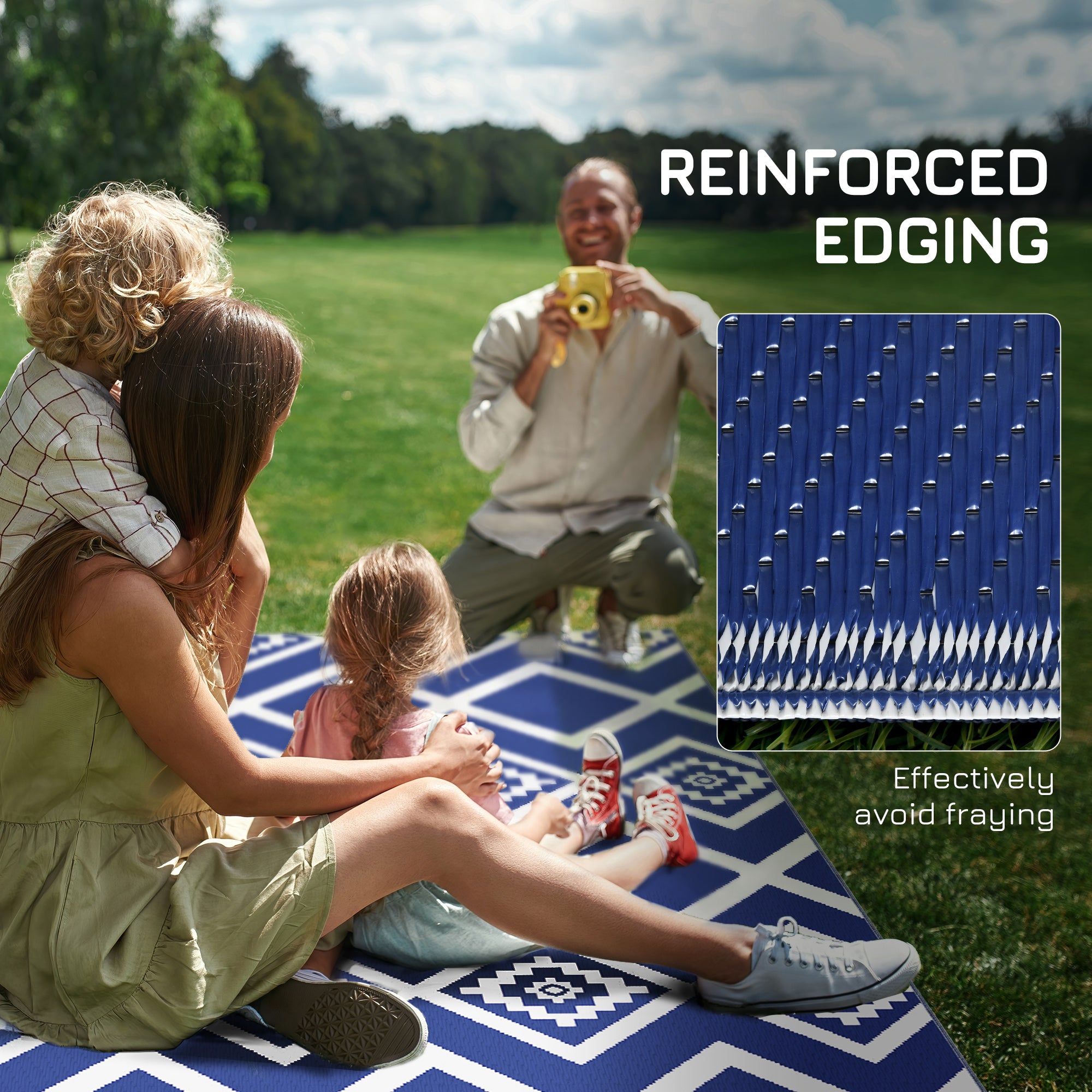Outsunny Plastic Straw Reversible RV Outdoor Rug with Carry Bag, 182 x 274cm, Blue and White - North Peak Garden Furniture