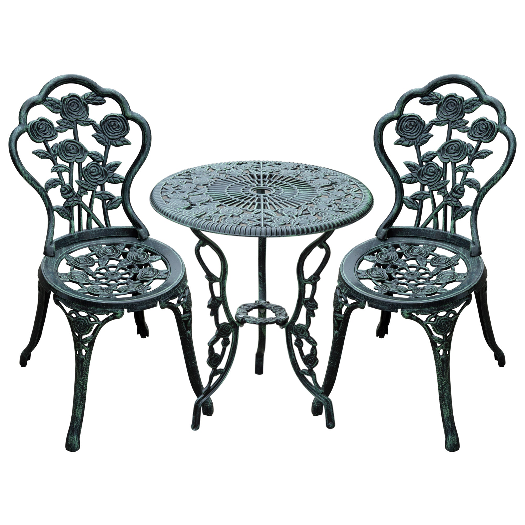 Outsunny Cast Aluminium Outdoor Patio Garden Bistro Elegant Design Table Chair Set - Green (3-Piece) - North Peak Garden Furniture