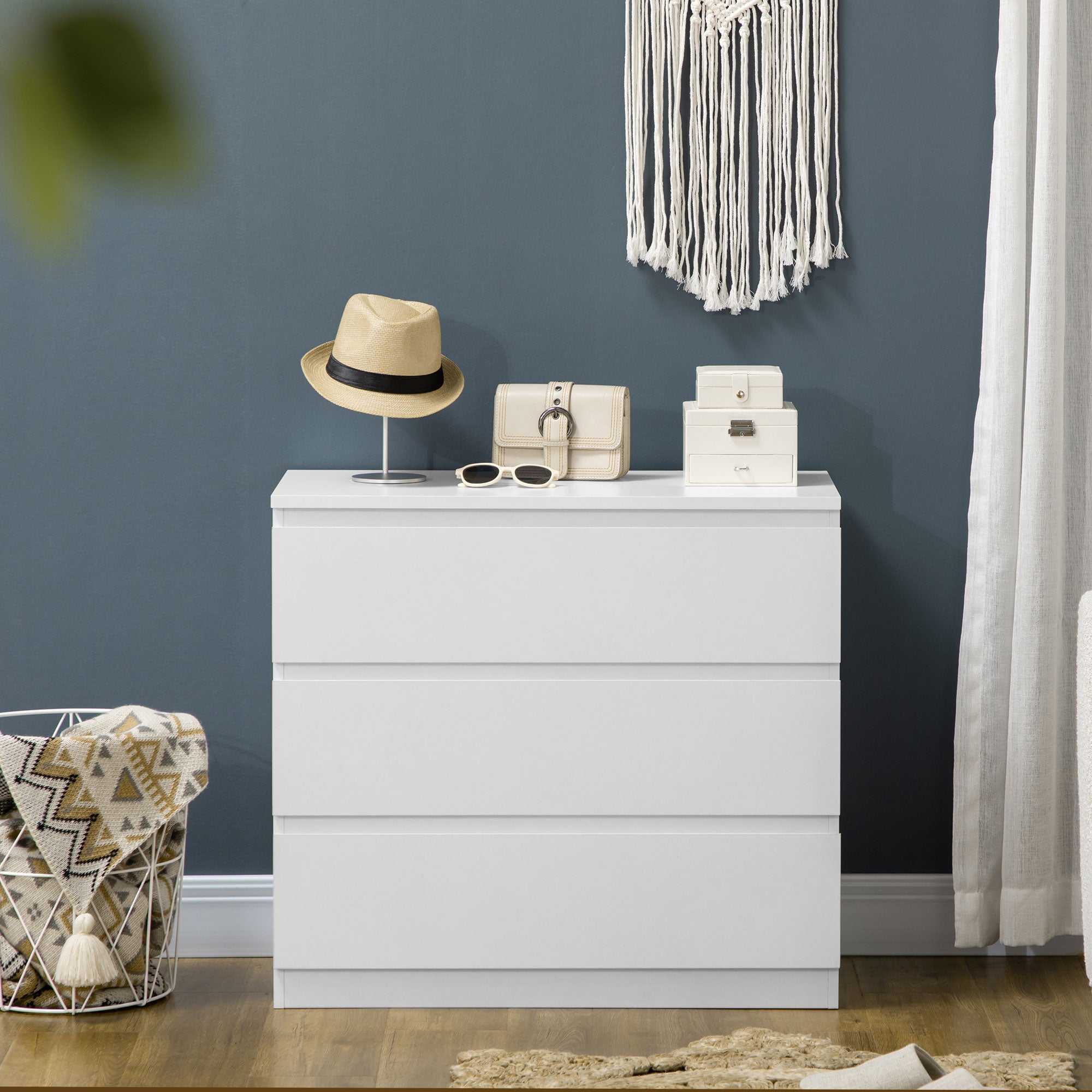 HOMCOM Chest of Drawers, 3-Drawer Storage Organiser Unit for Bedroom, Living Room, White - North Peak Garden Furniture