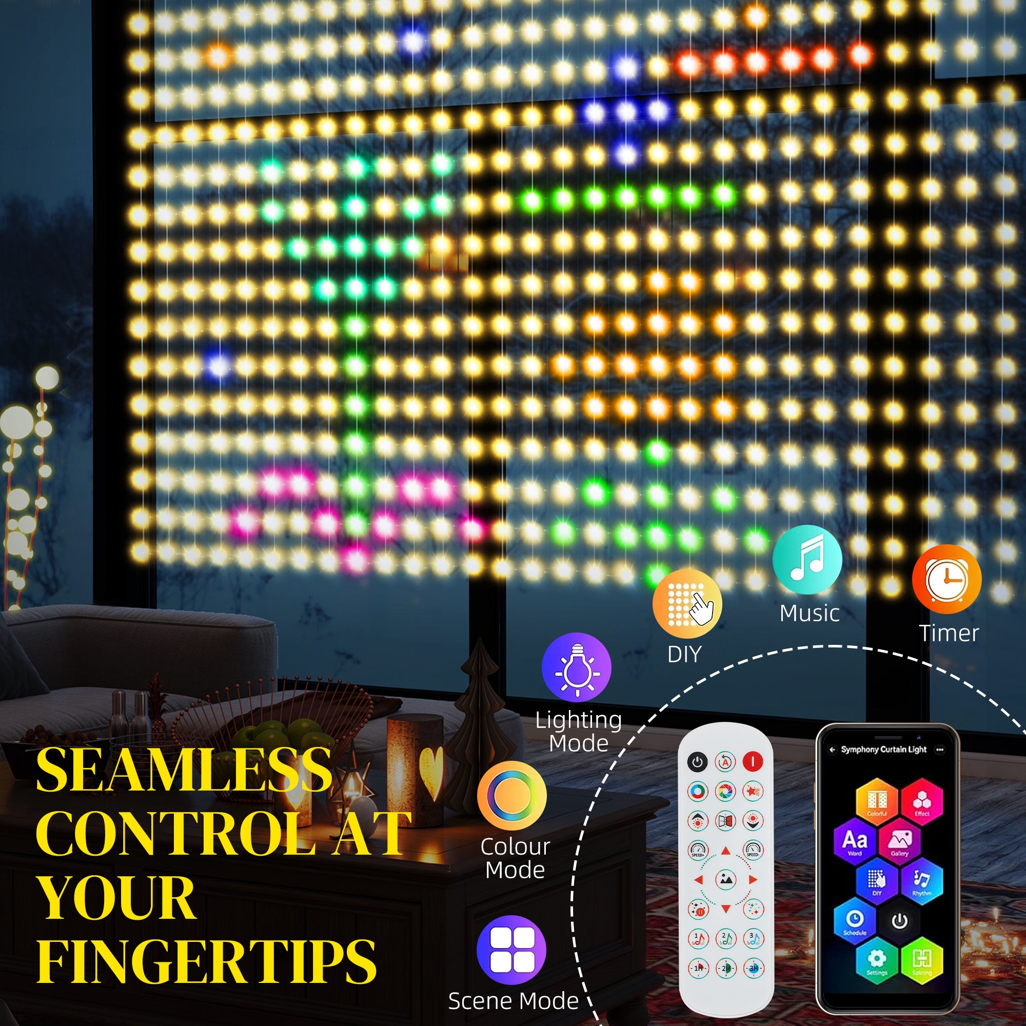 HOMCOM LED Curtain Lights, Smart Curtain Fairy Lights Plug In, Colour Changing Wall Lights with Remote, Dynamic DIY Hanging Window String Lights for Bedroom Living Room Decor, 3x3(m), 400 RGBIC LED - North Peak Garden Furniture