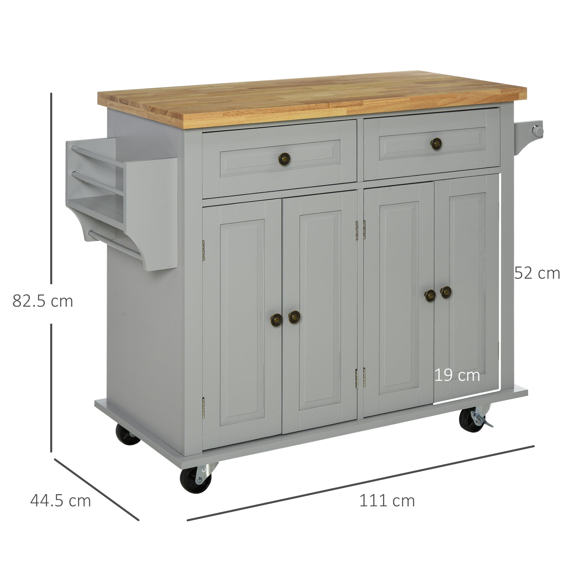 HOMCOM Rolling Kitchen Island Storage Trolley with Rubber Wood Top & Drawers for Dining Room, Grey - North Peak Garden Furniture
