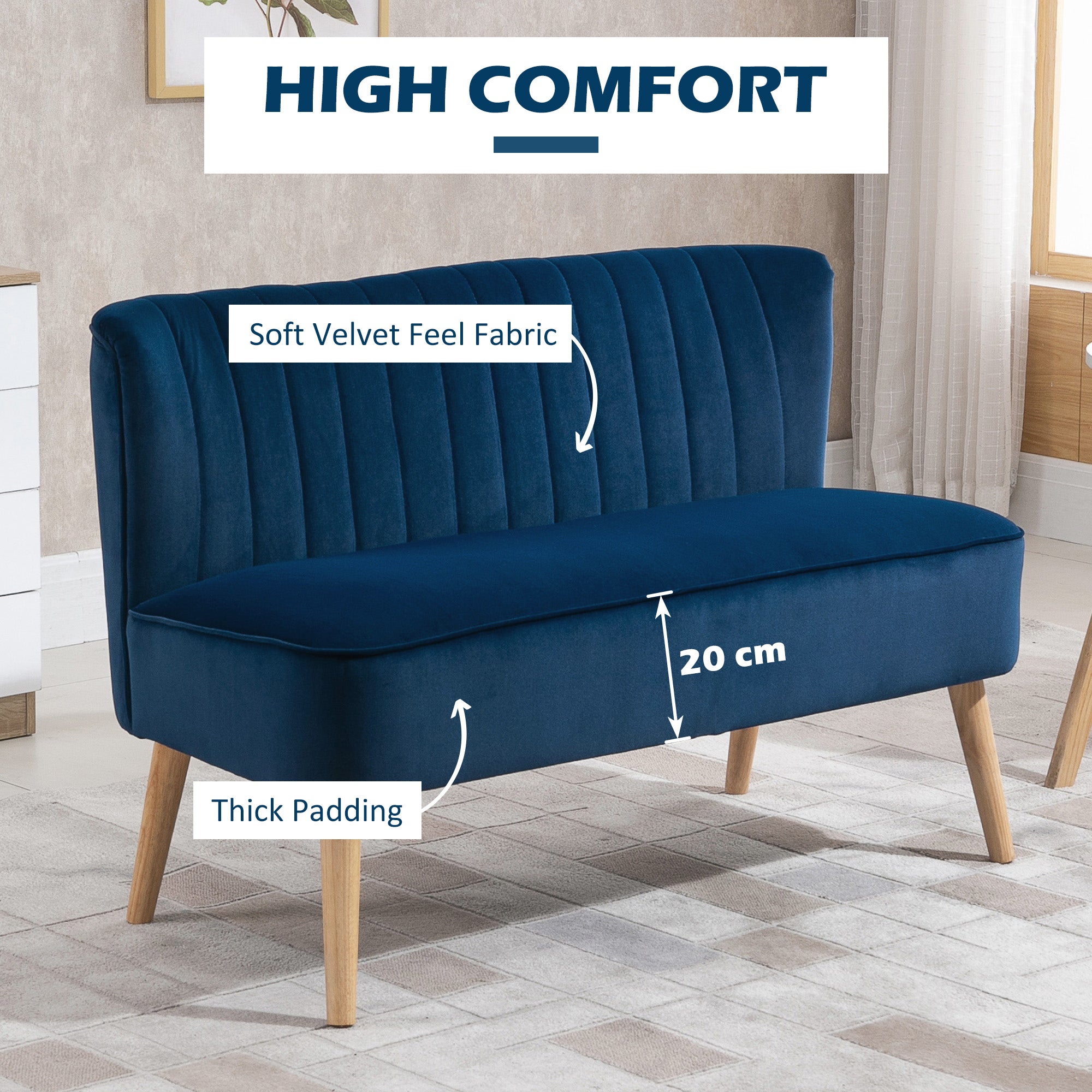 HOMCOM Modern Velvet Double Seat Sofa w/ Wood Frame Foam Padding High Back Soft Comfortable Compact Couch Blue - North Peak Garden Furniture