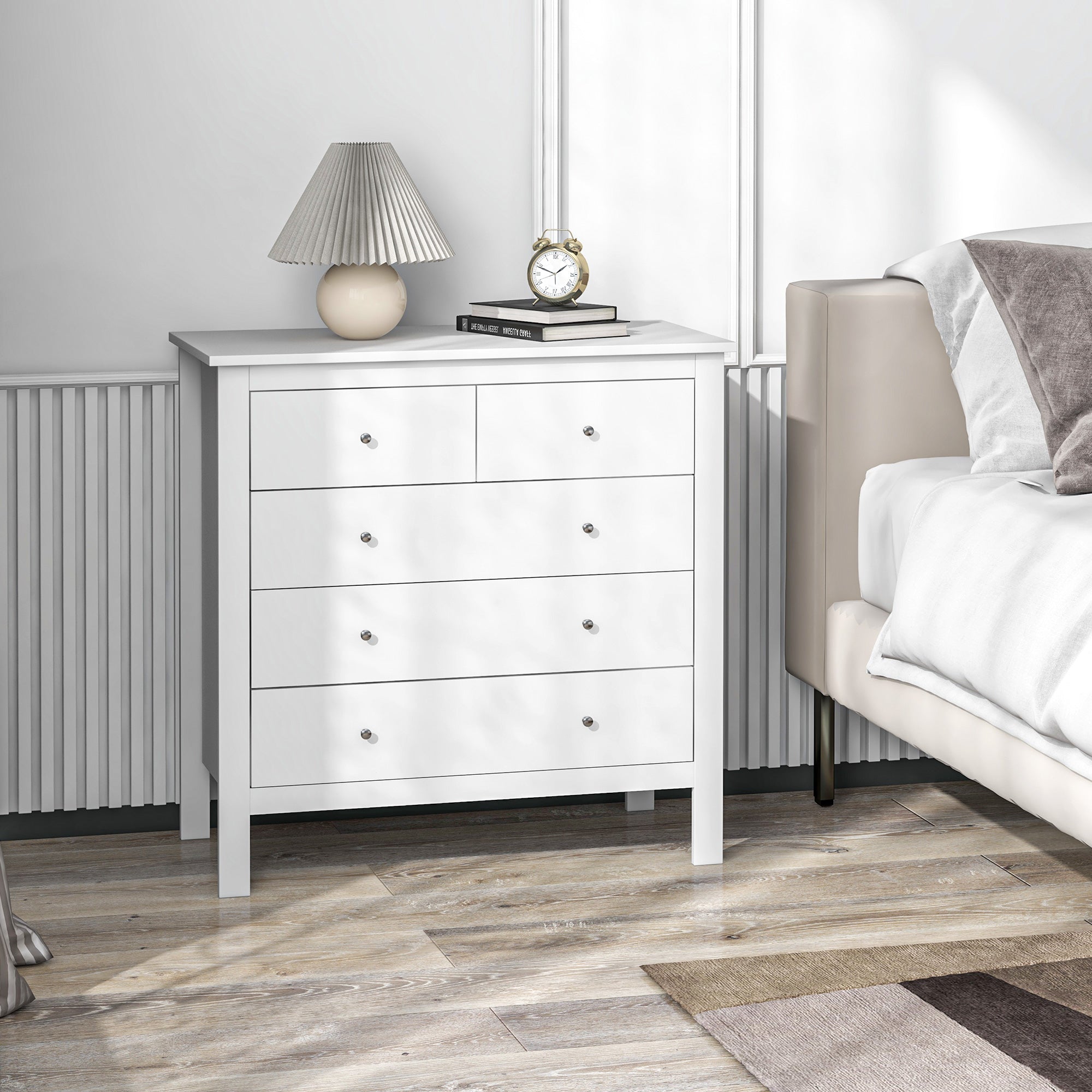 HOMCOM Modern Chest of Drawers, 5 Drawer Storage Cabinet with Metal Handles and Runners for Bedroom, White - North Peak Garden Furniture