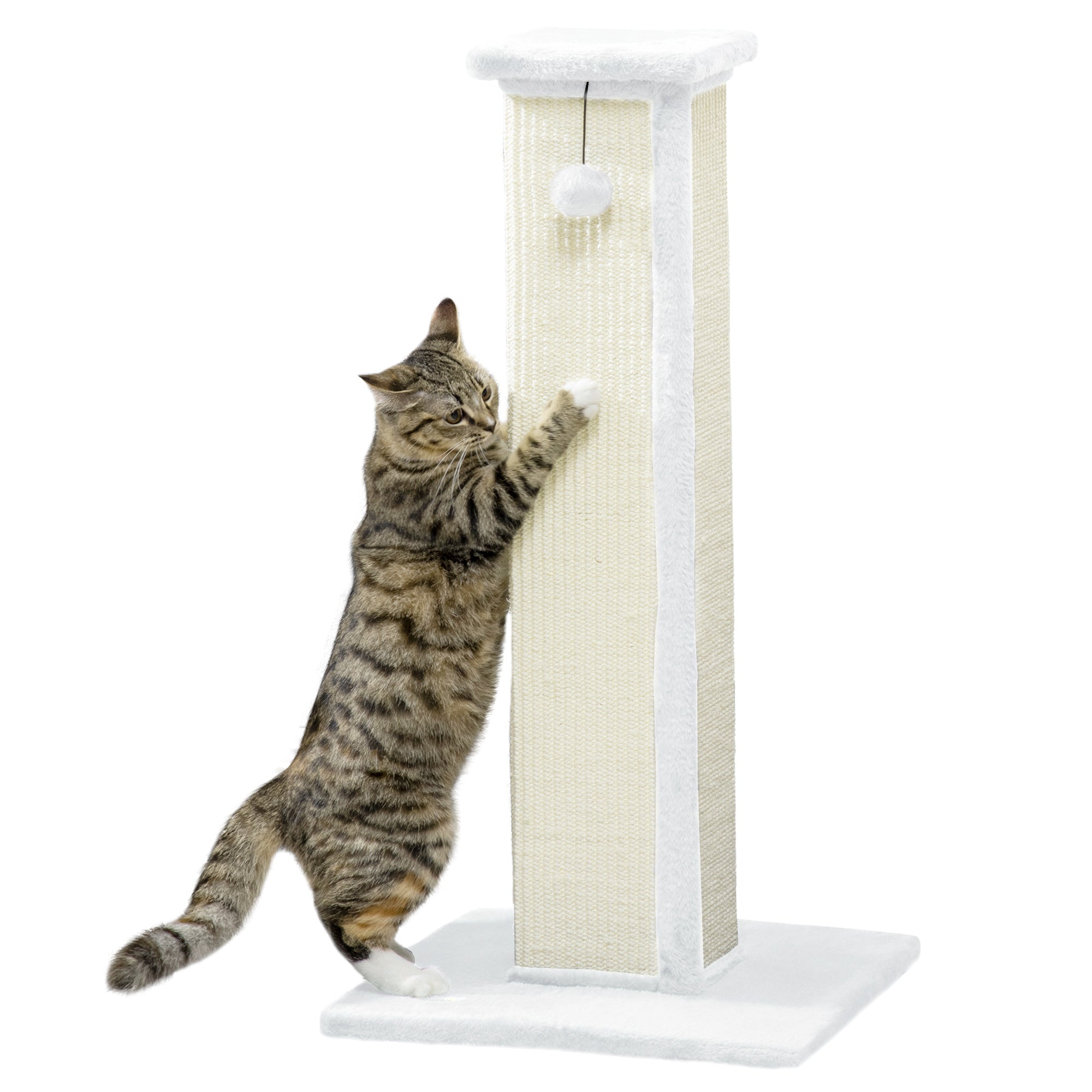 PawHut 81cm Cat Scratcher, Vertical Full Scratcher w/ Natural Sisal Rope, Hanging Ball, Soft Plush - White - North Peak Garden Furniture