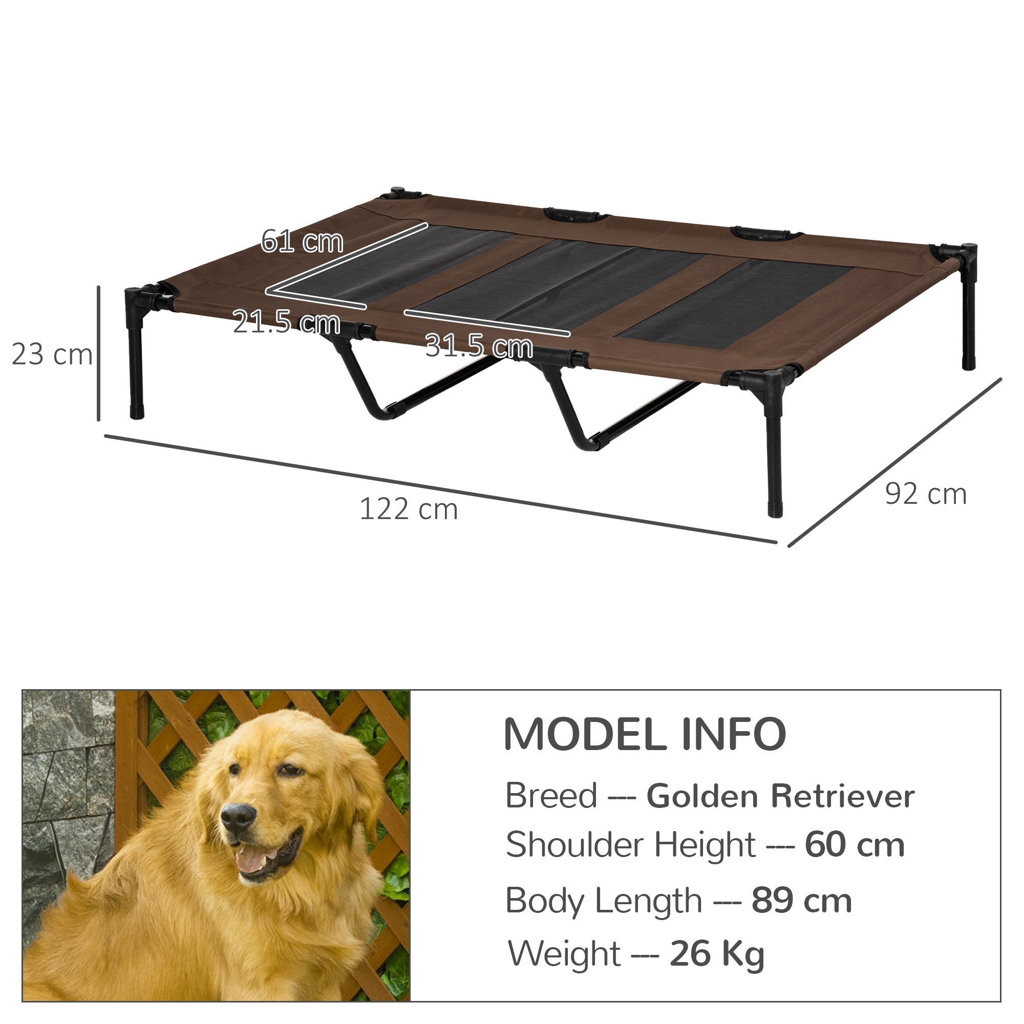 PawHut Raised Dog Bed Cooling Elevated Pet Cot with Breathable Mesh for Indoor Outdoor Use Brown, XX Large, 122 x 92 x 23cm - North Peak Garden Furniture