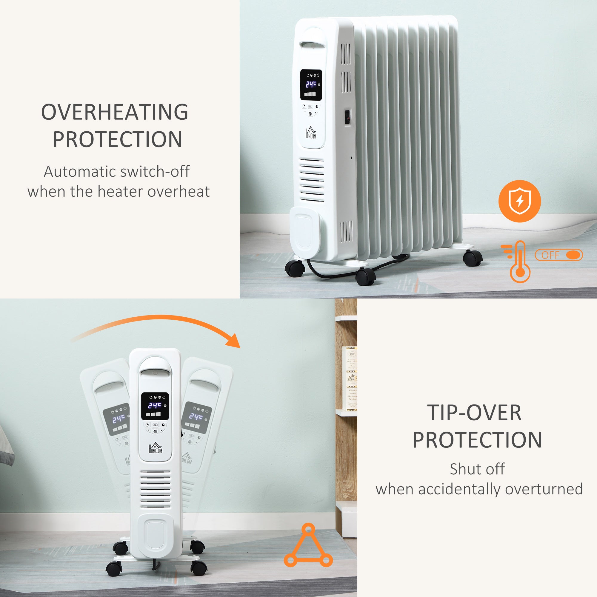 HOMCOM 2500W Digital Display Oil Filled Radiator, 11Fin Portable Electric Heater with Timer, Adjustable Thermostat, Three Heat Settings, Safety Cut Off, Remote, White - North Peak Garden Furniture