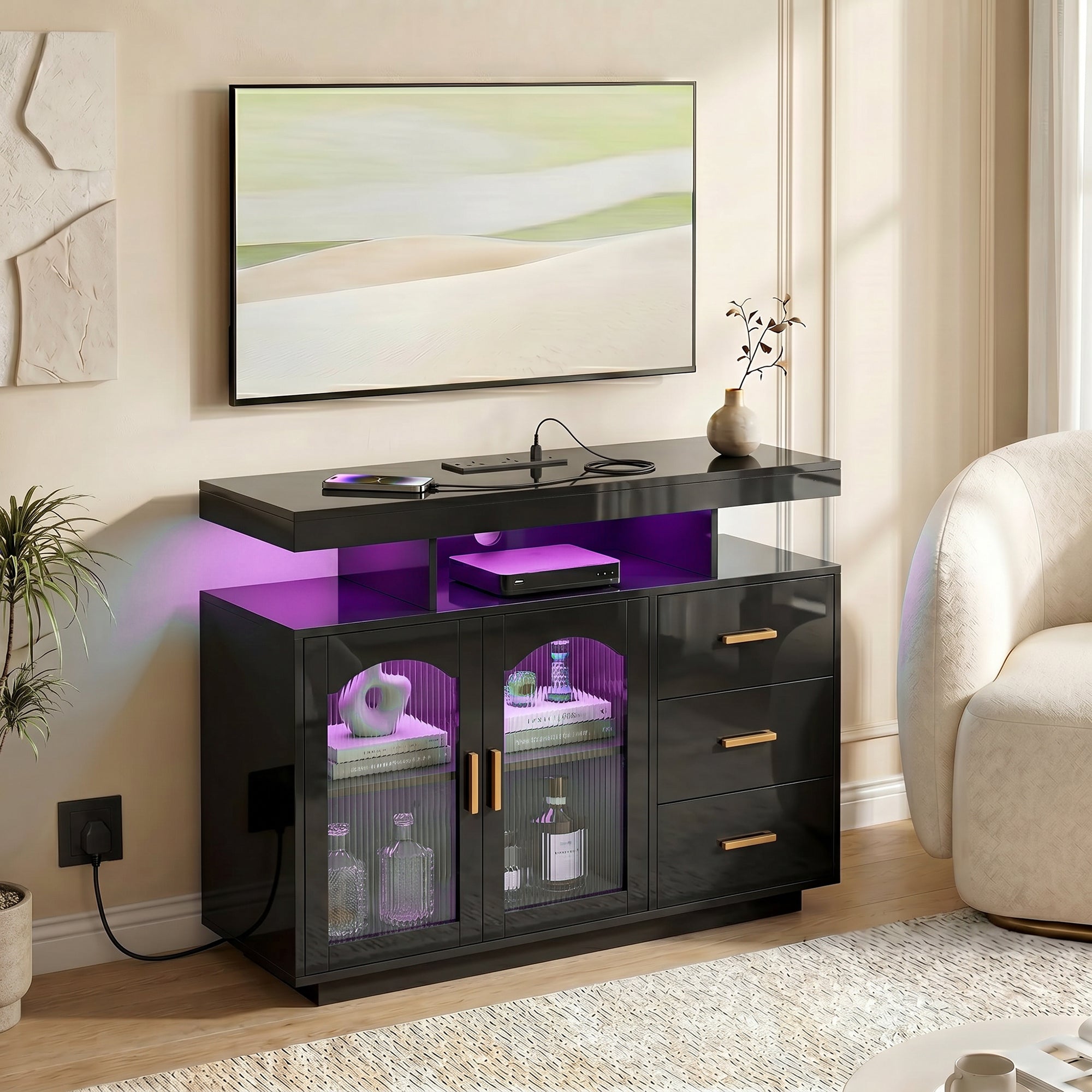 HOMCOM High Gloss Sideboard with LED Lights, Built-in Power Outlets, 3 Drawers, Shelves and 2 Acrylic Doors, Black