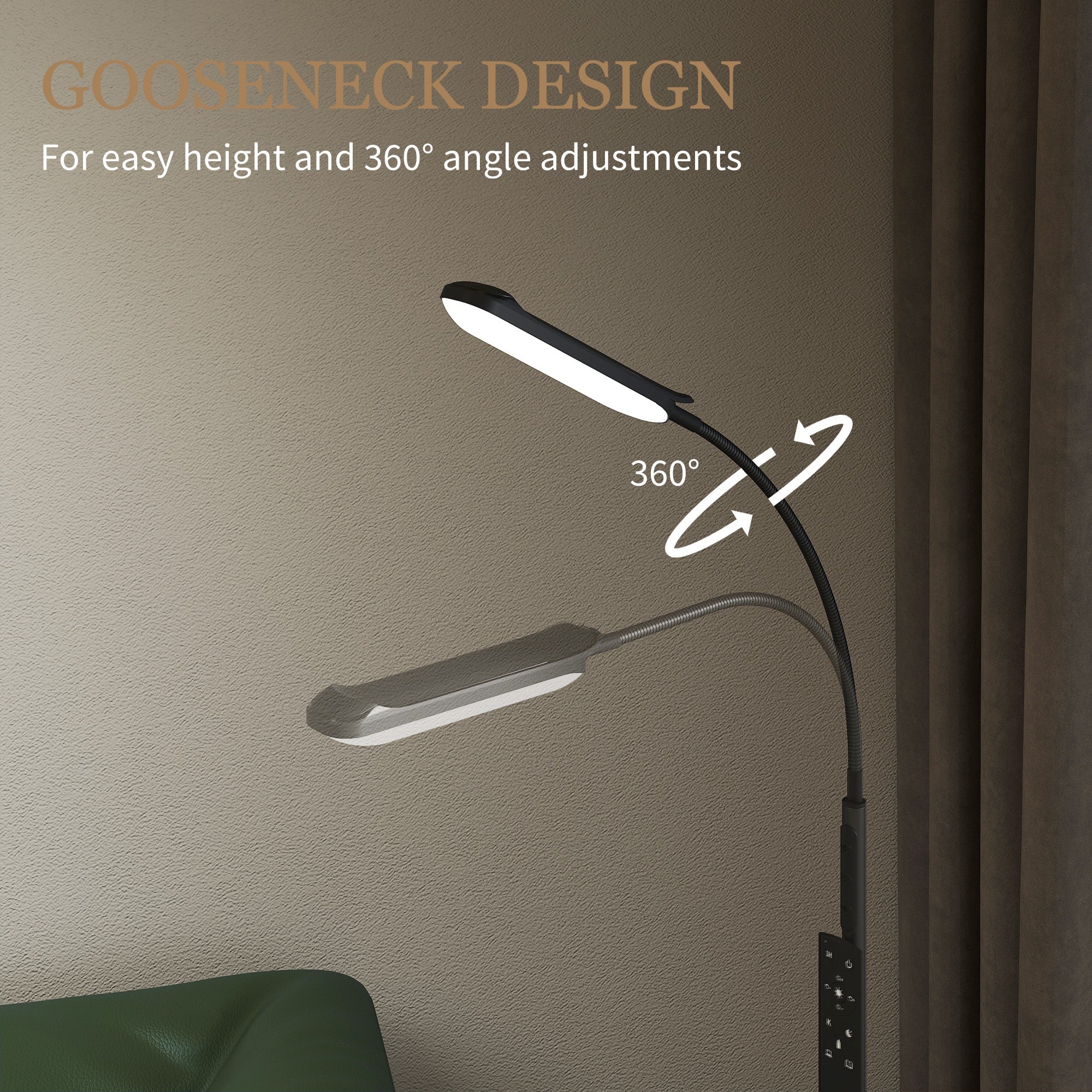 HOMCOM LED Floor Lamp, Standing Lamp with Remote & Touch Control, Stepless Dimmable Colours Temperature & Brightness, 360° Adjustable Gooseneck, 1 Hour Timer, Memory Function for Living Room, Black - North Peak Garden Furniture
