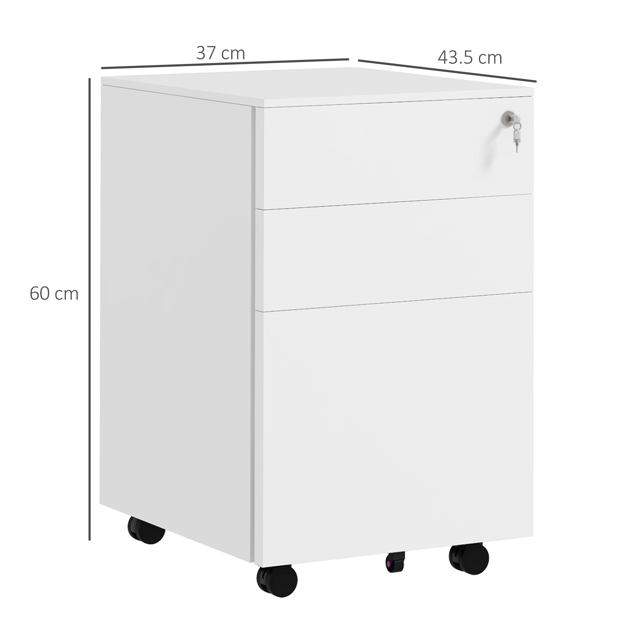 Vinsetto 3-Drawer Vertical Filing Cabinet with Pencil Tray, Lock and 5 Wheels, Steel Mobile File Cabinet, for A4, Legal and Letter Size, Pre-Assembled Body, White - North Peak Garden Furniture