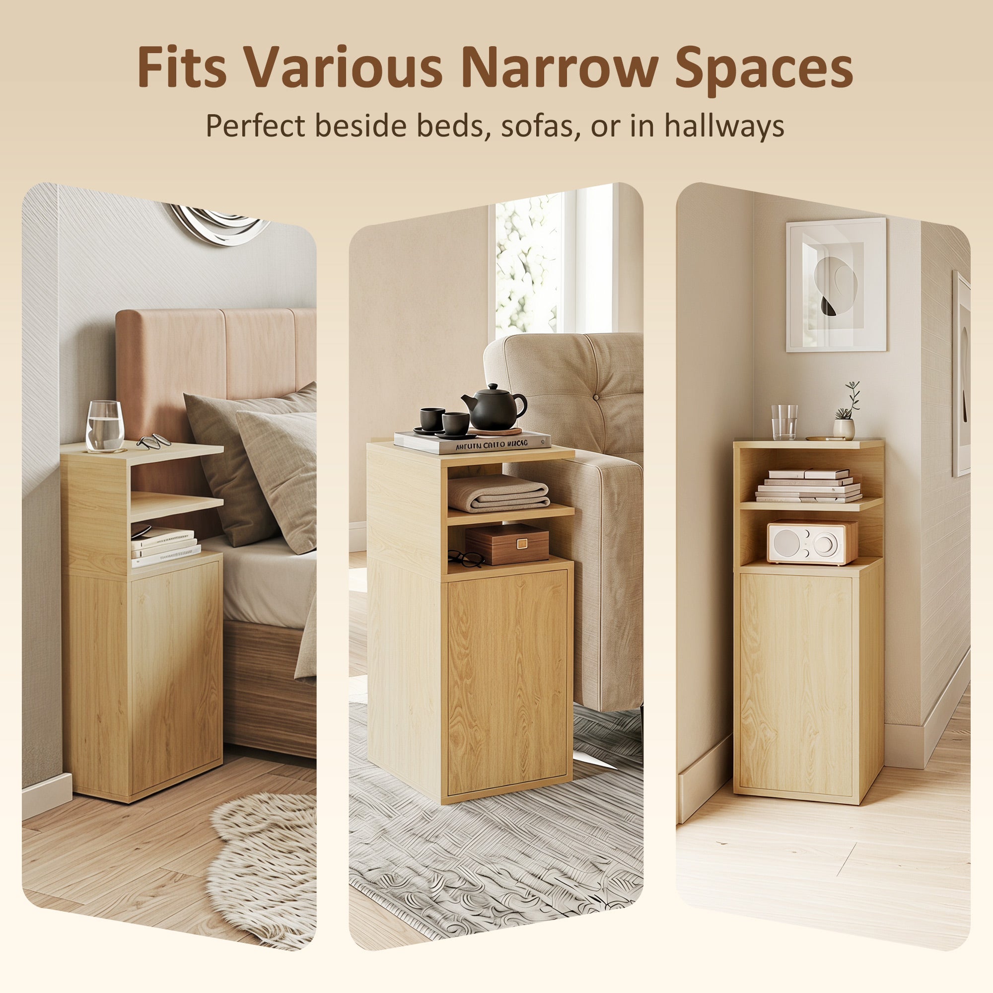 HOMCOM Slim Bedside Table Set of 2, Narrow Bedside Cabinet with Open Cubbies and Cupboard for Bedroom Living Room, Oak