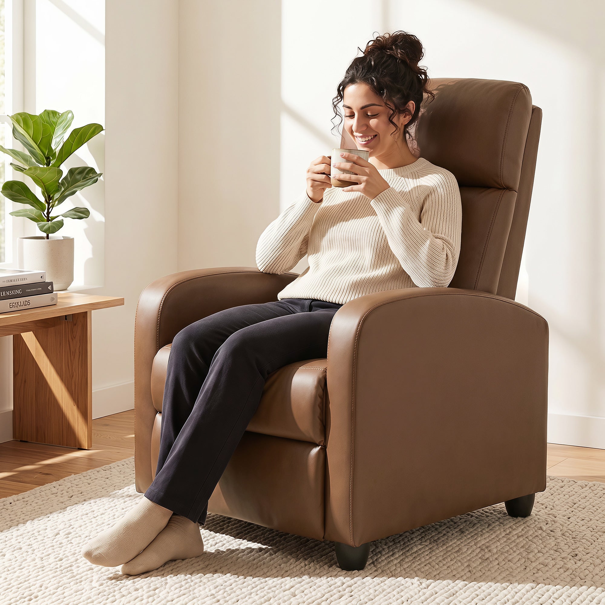 HOMCOM Recliner Armchair, Massage Faux Leather Push Back Reclining Chair with Adjustable Leg Rest, Side Pocket, Dark Brown