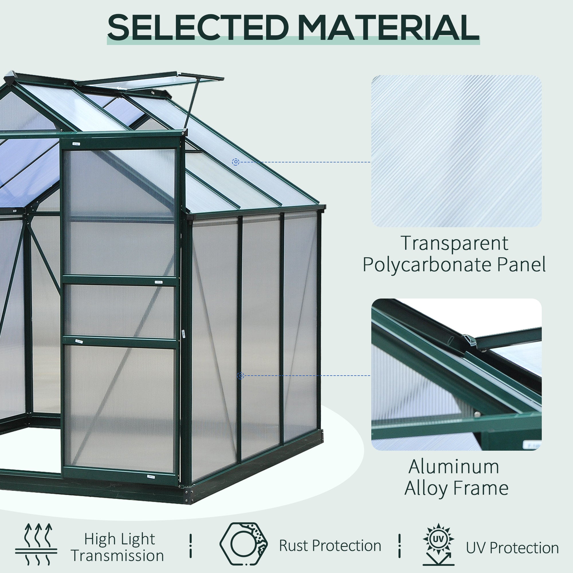 Outsunny 6 x 6ft Polycarbonate Greenhouse, Large Walk-In Green House with Slide Door and Window, Garden Plants Grow House with Aluminium Frame and Foundation, Dark Green - North Peak Garden Furniture