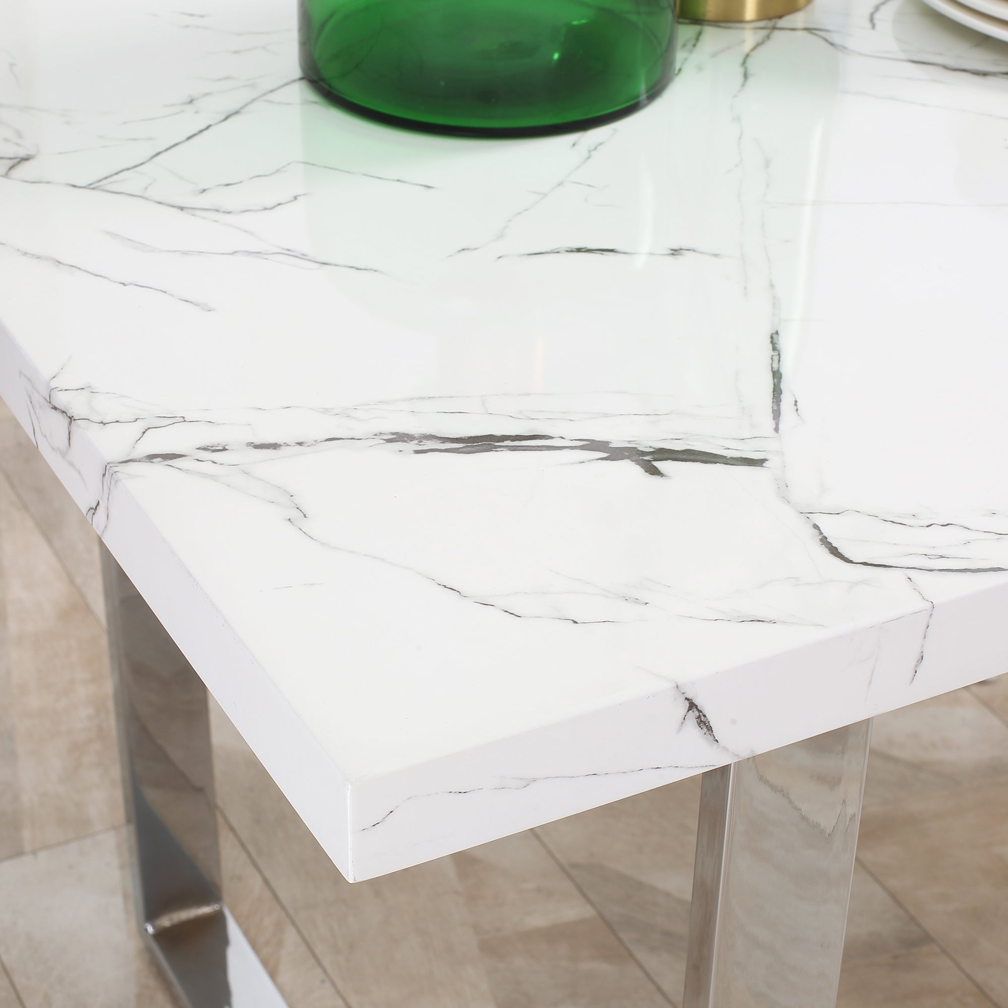HOMCOM Modern Dining Room Table Rectangular Kitchen Table for 6-8 People with Marble Effect Tabletop Steel Legs 160 cm White - North Peak Garden Furniture