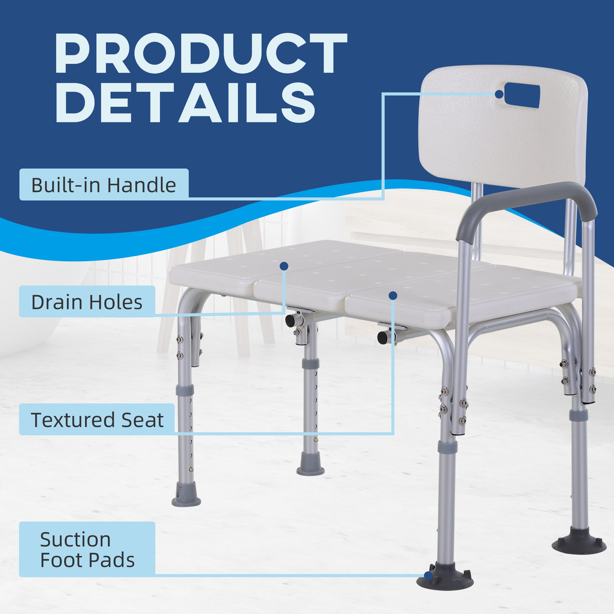 HOMCOM Height Adjustable Shower Chair, Non Slip Bath Transfer Bench for Elderly, Disabled with Armrest and Backrest, 300 lbs Capacity, White - North Peak Garden Furniture