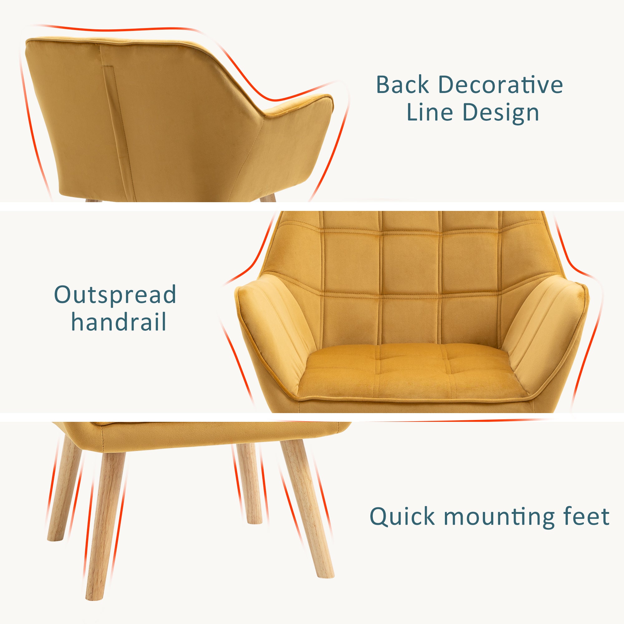 HOMCOM Modern Armchair, Accent Chair with Wide Arms, Slanted Back and Rubber Wood Legs for Living Room, Bedroom, Home Office Yellow - North Peak Garden Furniture
