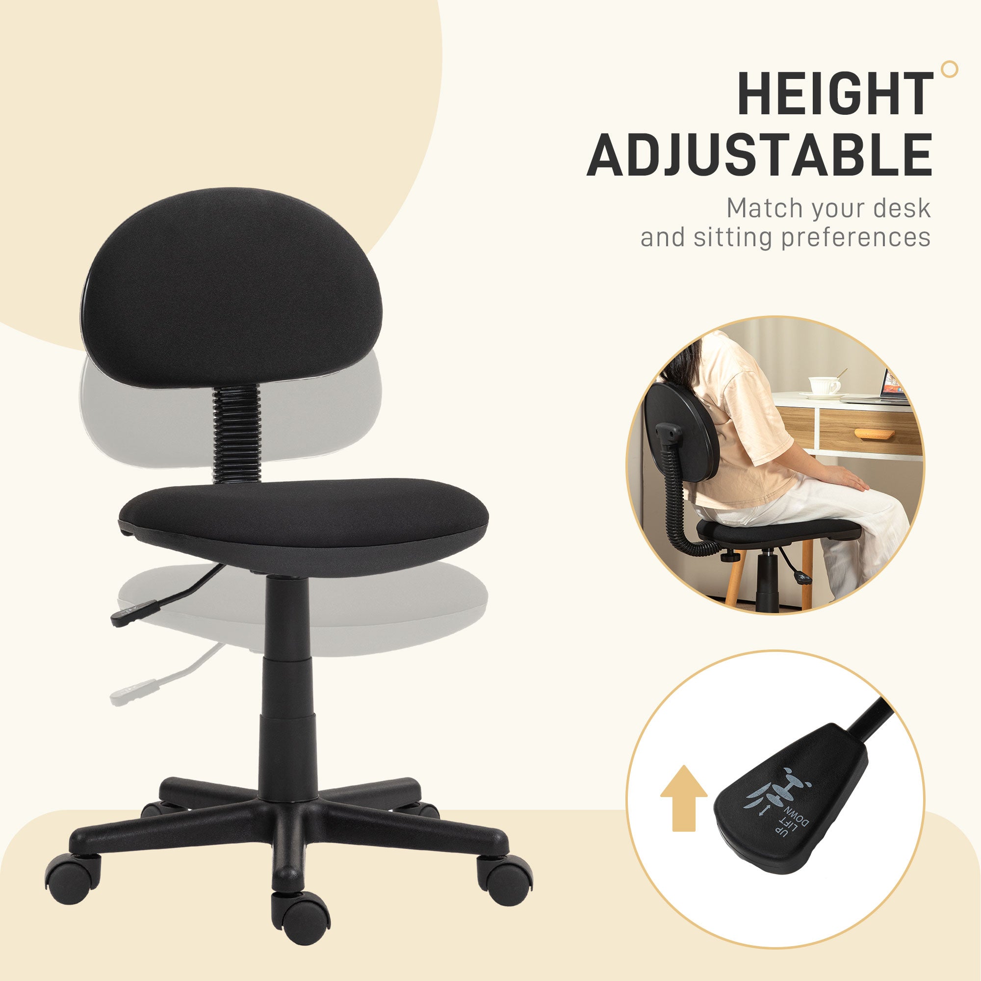 HOMCOM Small Armless Office Chair - Black - North Peak Garden Furniture