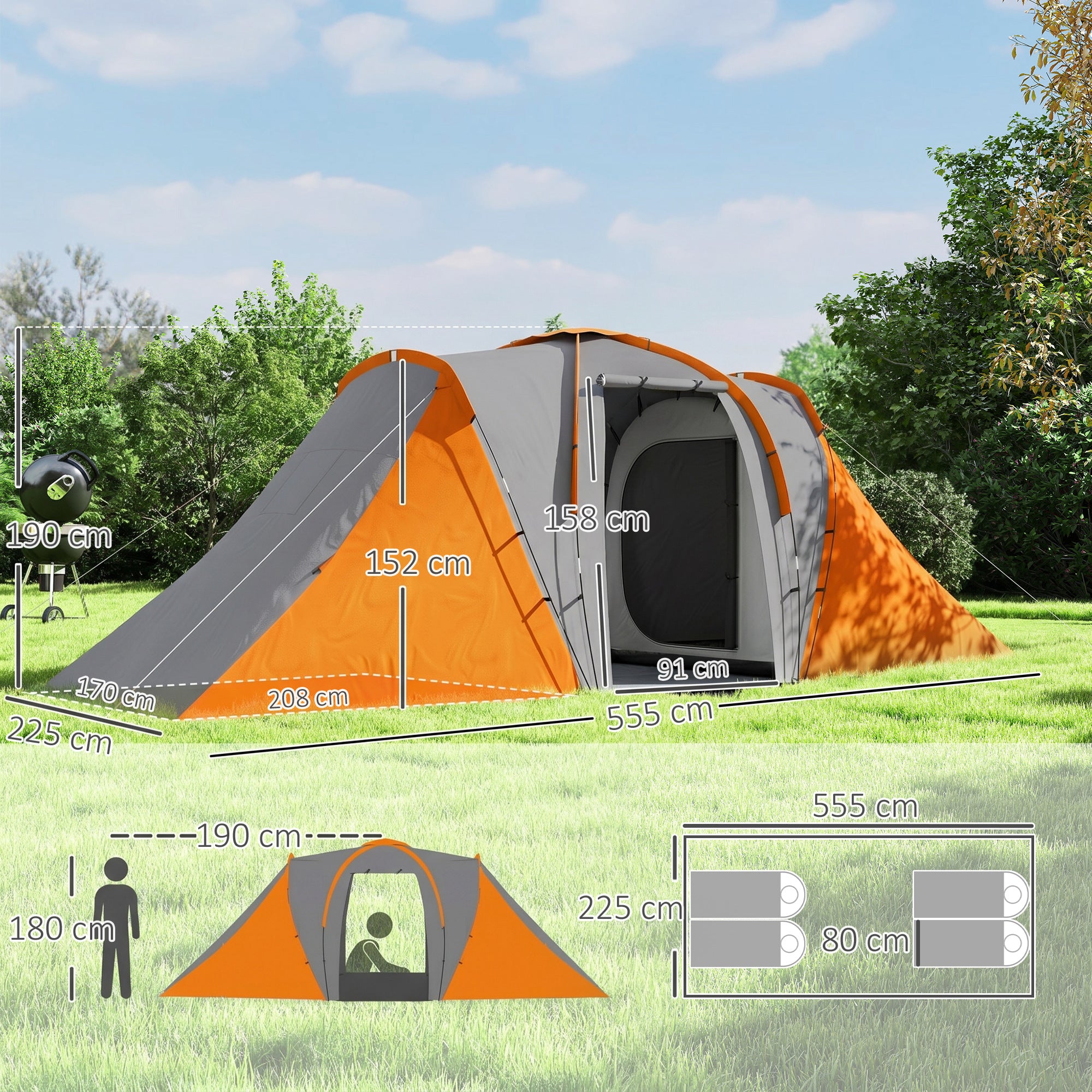 Outsunny Large Camping Tent Tunnel Tent with 2 Bedroom and Living Area, 2000mm Waterproof, Portable with Bag for 4-6 Man, Orange