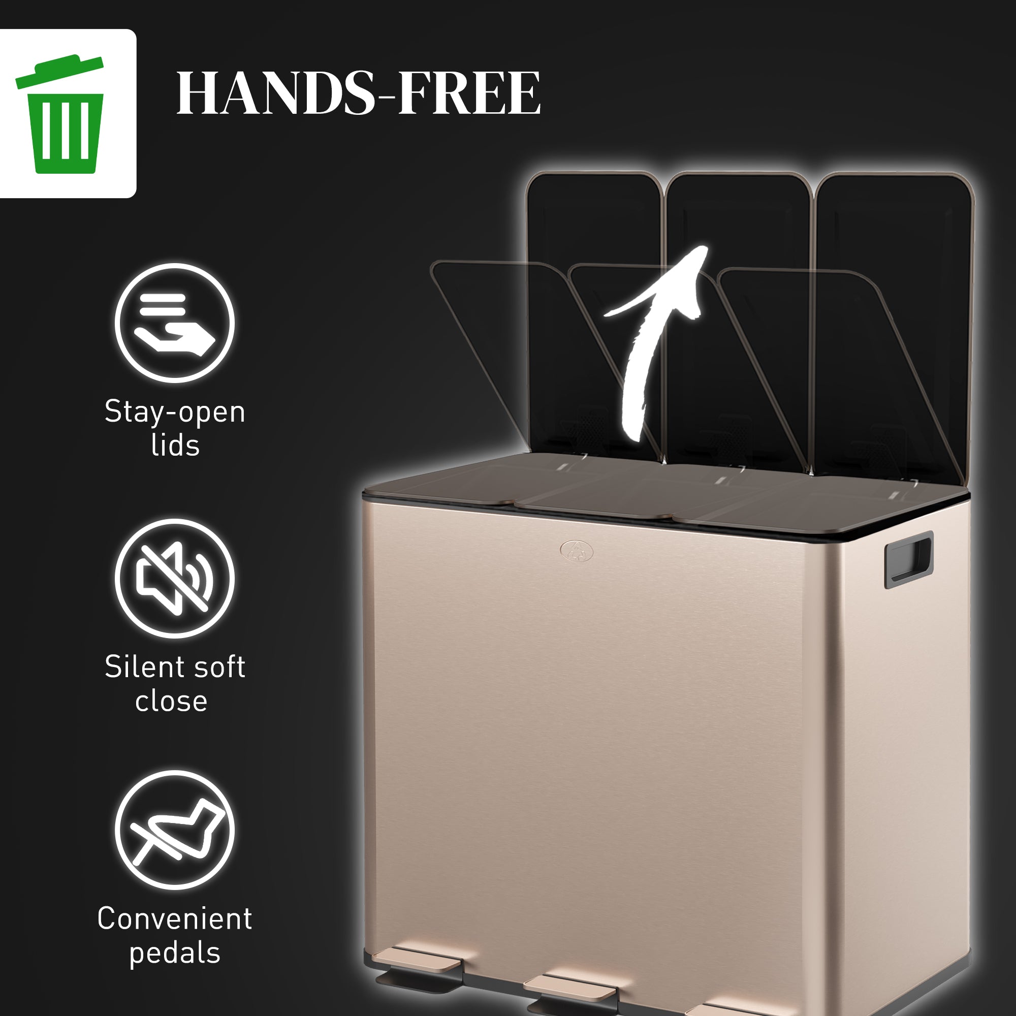 HOMCOM 45L Triple Compartment Stainless Steel Bin, with Deodoriser Holders - Gold Tone - North Peak Garden Furniture