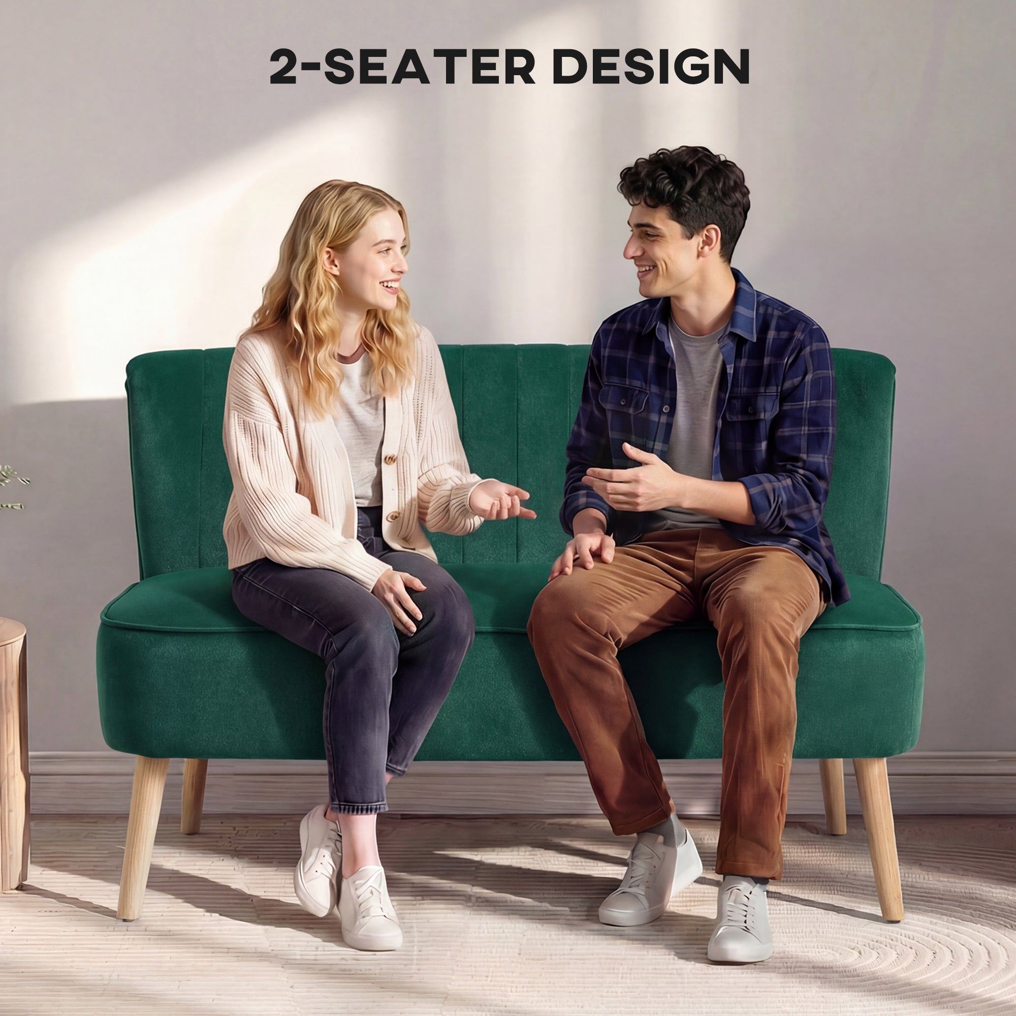 HOMCOM 46" Loveseat Sofa Upholstered Small 2 Seater Sofa  with Thick Padded Seat and Rubber Wood Legs, Dark Green