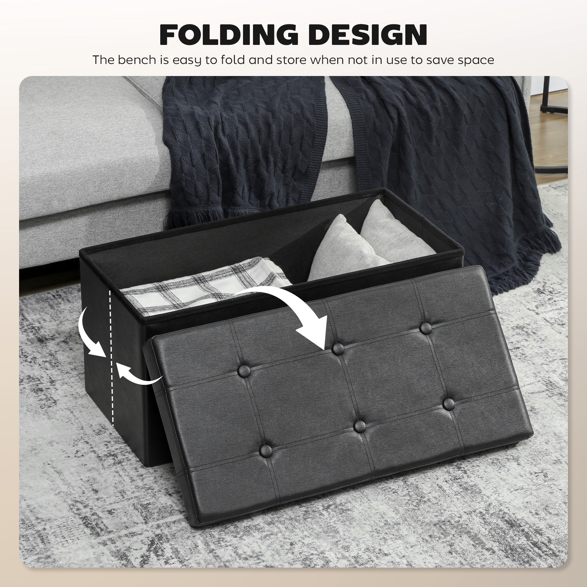 HOMCOM Storage Ottoman Bench, 89L PU Leather Folding Foot Rest Stool, End of Bed Bench, Easy Assembly, for Living Room, Bedroom, Entryway, Black