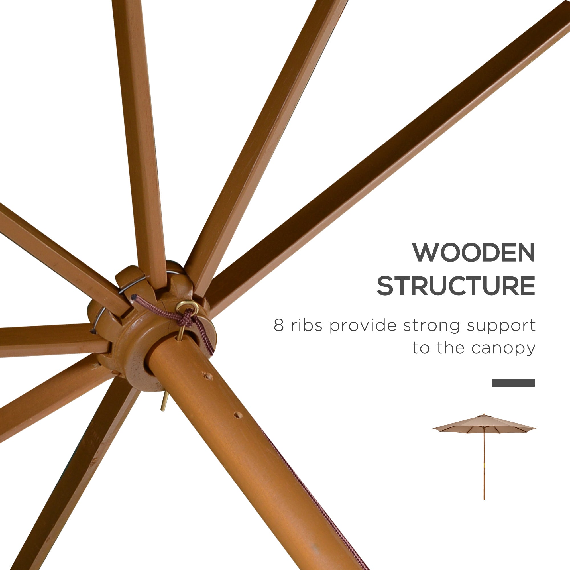 Outsunny 3(m) Garden Umbrella Wooden Parasol 8 Ribs Bamboo Sun Shade Patio Outdoor Umbrella Canopy Khaki - North Peak Garden Furniture