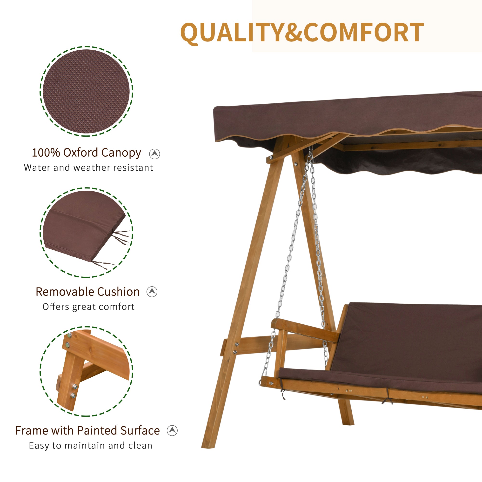Outsunny 3 Seater Garden Swing Seat Outdoor Swing Chair with Adjustable Canopy, Wooden Hammock Bench with Padded Cushions for Patio Yard, Brown - North Peak Garden Furniture