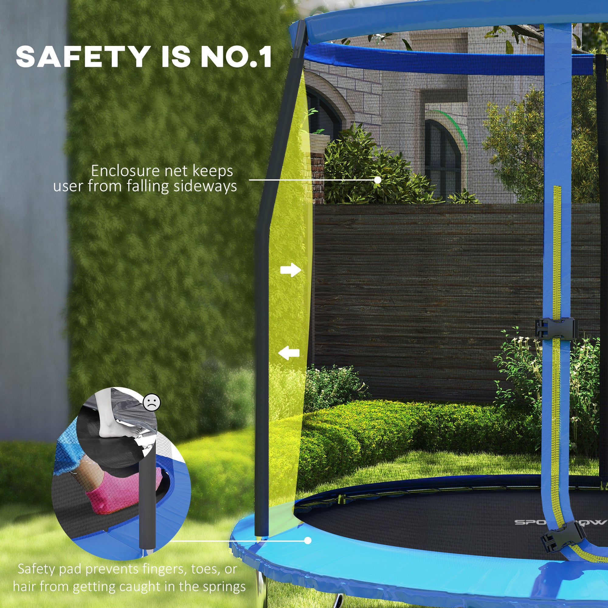 SPORTNOW 8ft Trampoline with Safety Enclosure Net, Steel Frame Outdoor Trampoline, Jumping Mat with Edge Safety Cover for Fitness, Blue - North Peak Garden Furniture