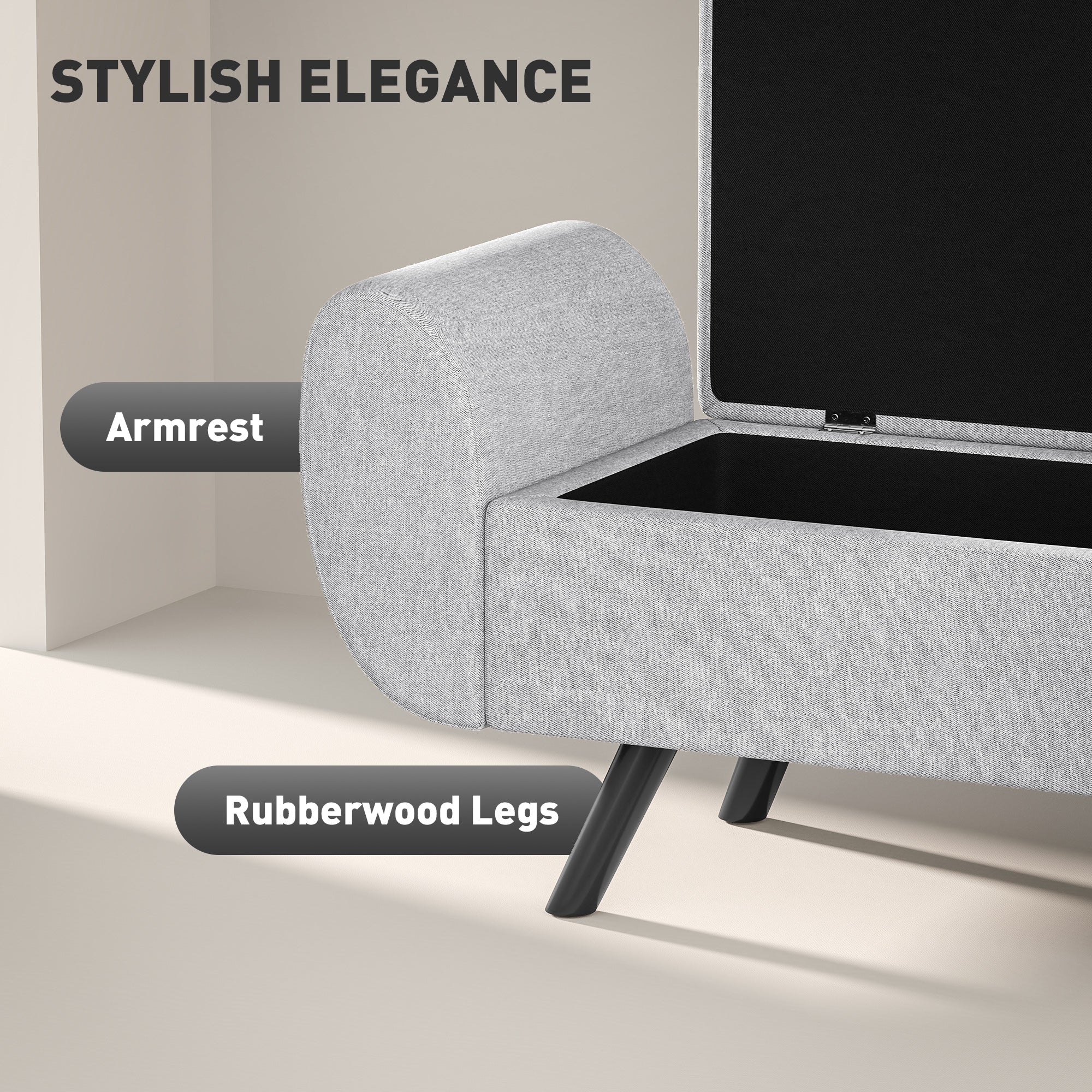 HOMCOM Storage Ottoman with Armrest, Upholstered Linen Storage Bench, Window Seat with Rubberwood Legs, Footstool for Bedroom Living Room, Hallway, Light Grey - North Peak Garden Furniture