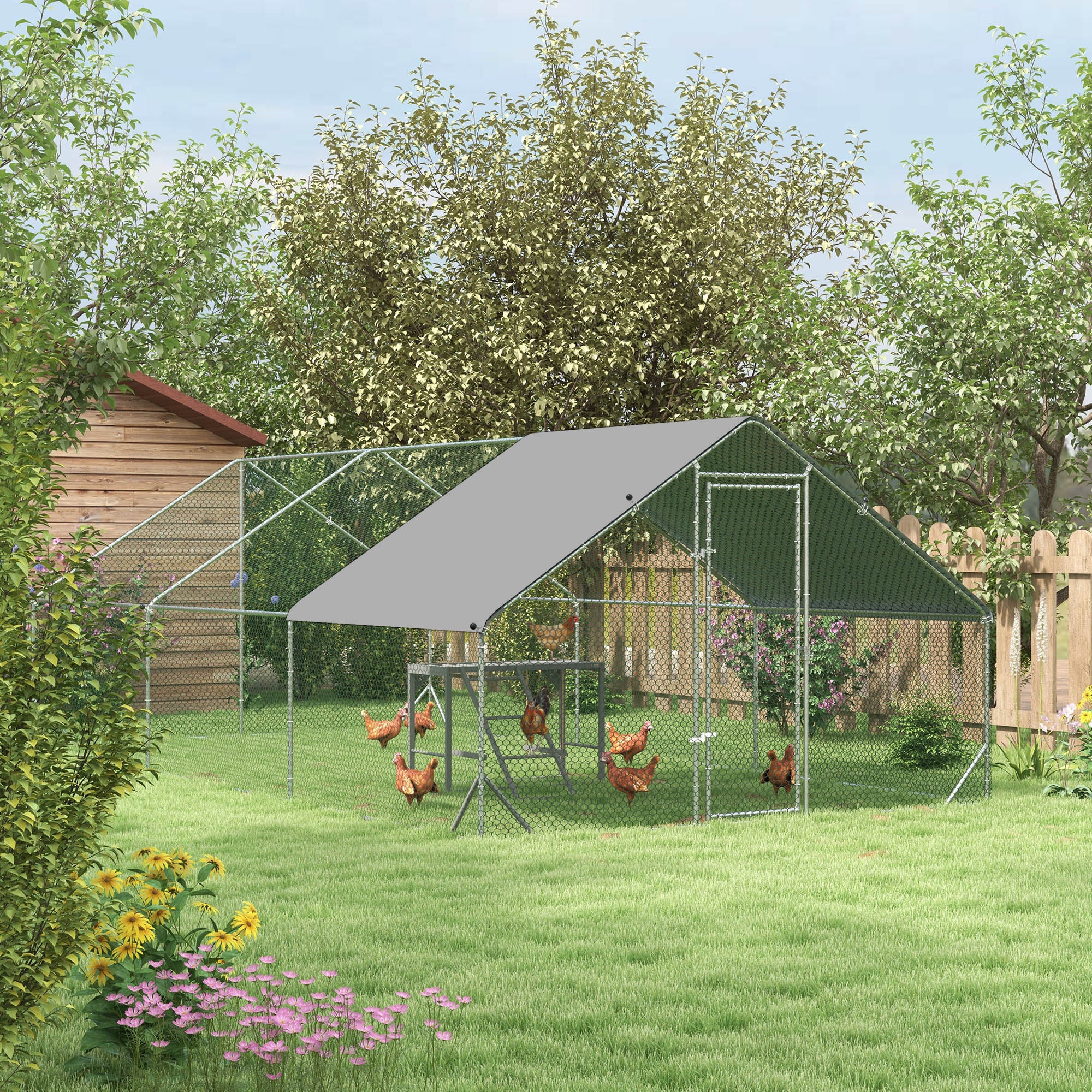 PawHut Walk In Chicken Run with Chicken Activity Shelf and Cover, 3 x 6 x 2m - North Peak Garden Furniture